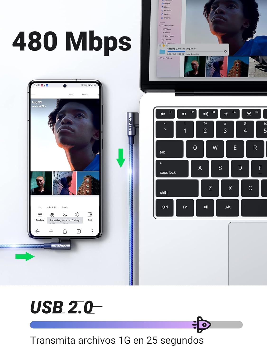 Thumbnail 2 de UGREEN Cable USB A a Tipo C 90° Carga Rápida 3A ⚡ 0,5M