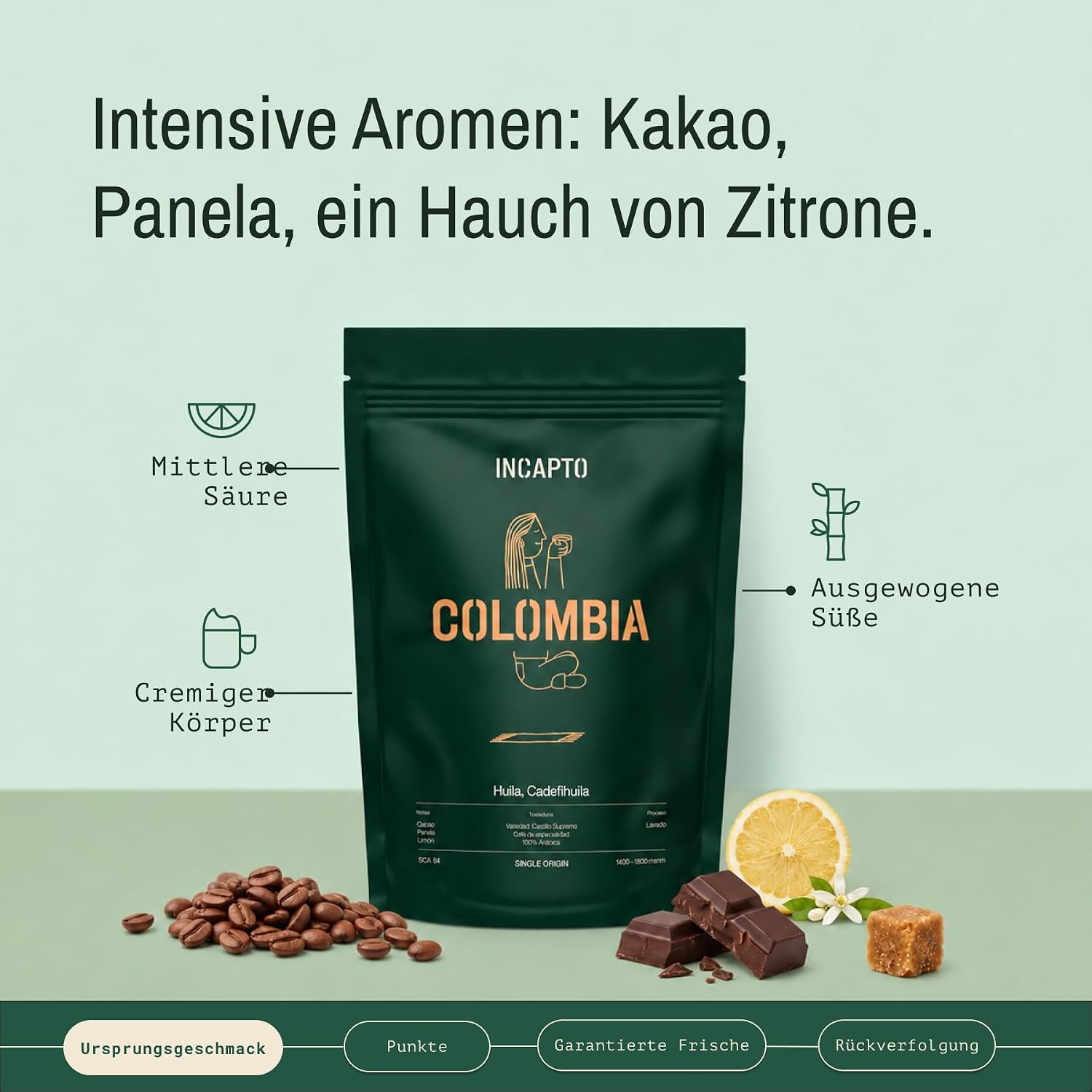 Detalle de Incapto Spezialitäten-Kaffeebohnen Single-Origin Kolumbien (Espresso, 100% Arabica) – Plantage Huila, 1 kg