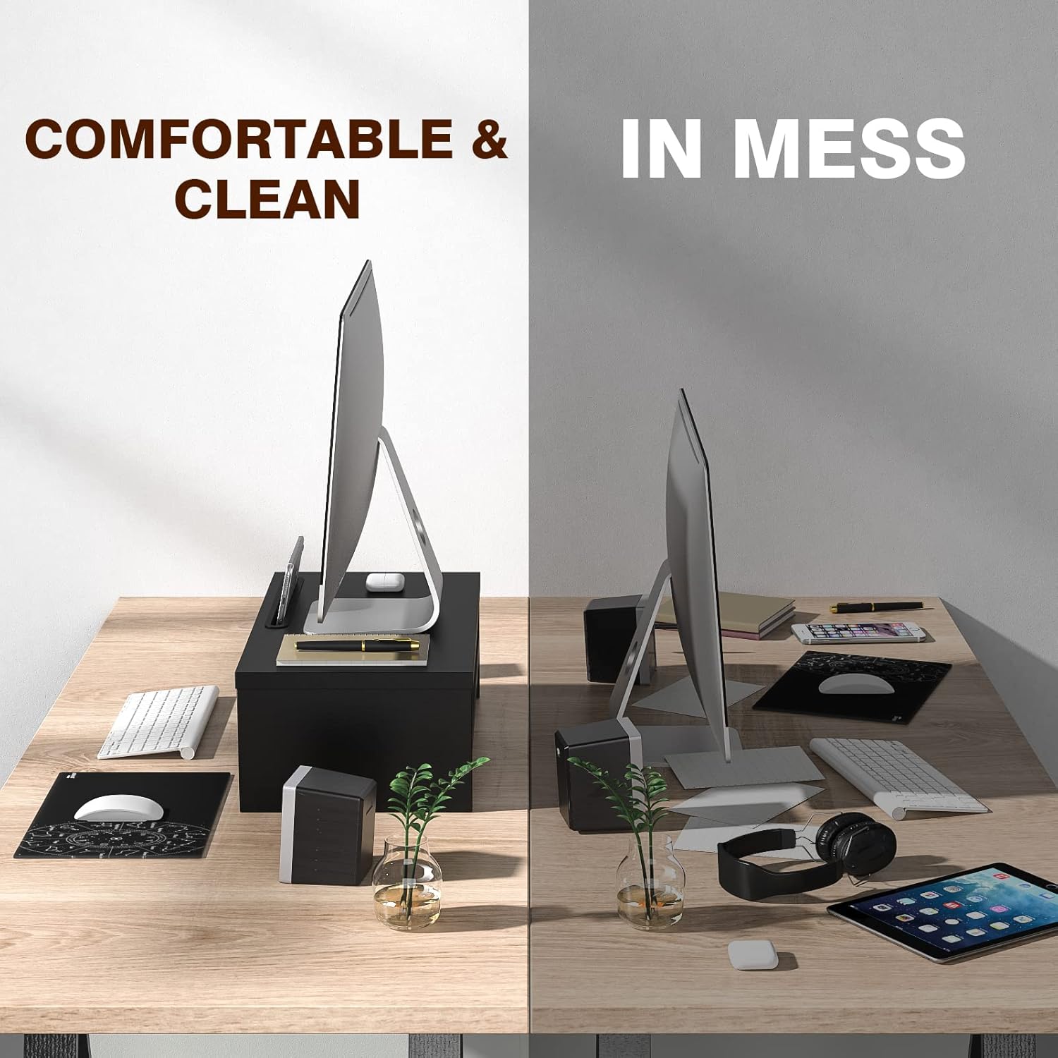 Thumbnail 5 de Rfiver Wood Monitor Stand Riser with Smartphone Holder and Cable Management (Black)