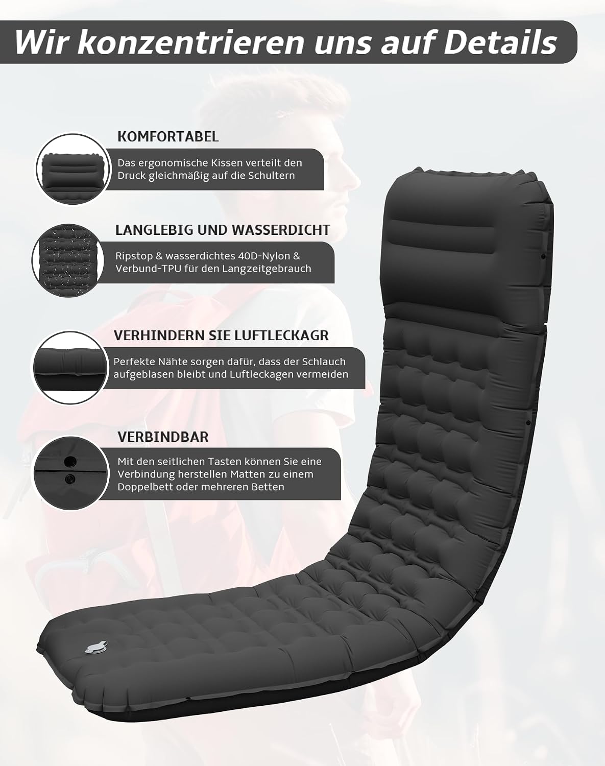 Detalle 2 de CIXMUS Aufblasbare Isomatte Camping mit Fußpumpe und Kopfkissen – 12 cm Dicke, ultraleicht, Kleines Packmaß