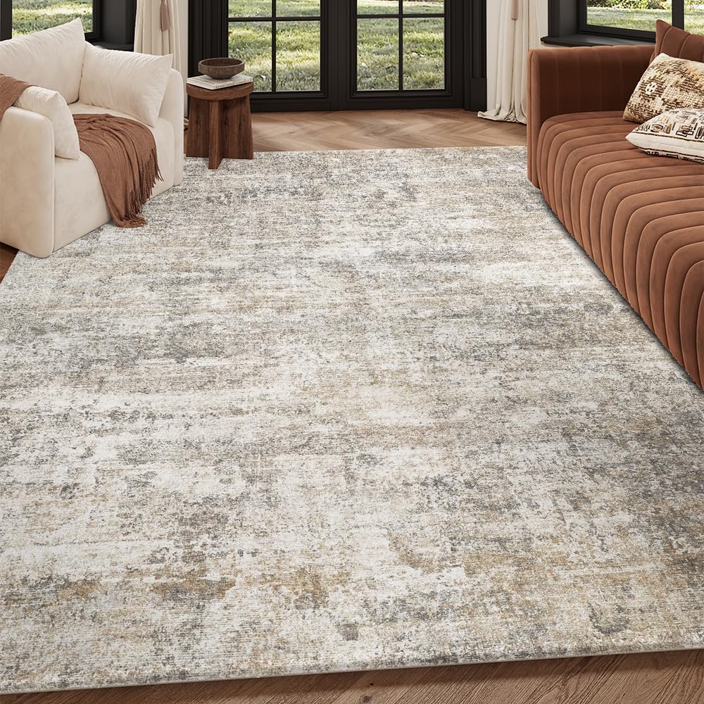 Thumbnail 6 de Area Rug 8x10 Washable Rug in Grey and Beige — Non-Slip, Low-Pile Vintage Print for Living Room, Dining, and Bedroom