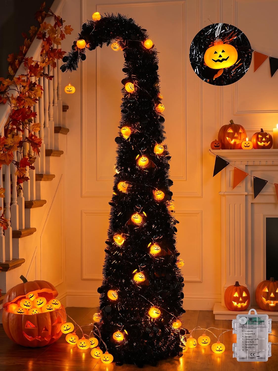 Detalle de Brizled 5-Foot Black Halloween Tree with Pop-Up Design and Battery-Powered Lights