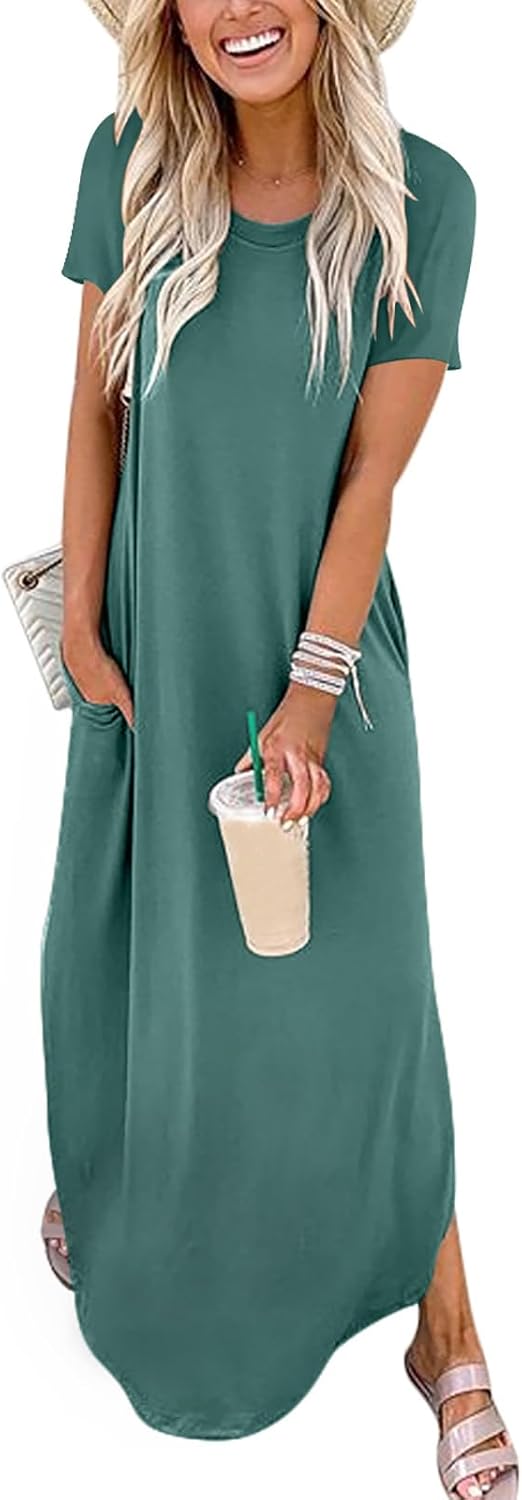 Detalle de ANRABESS Women's Summer Maxi Dress: Loose Fit, Short Sleeves, Beach-Ready Sundress