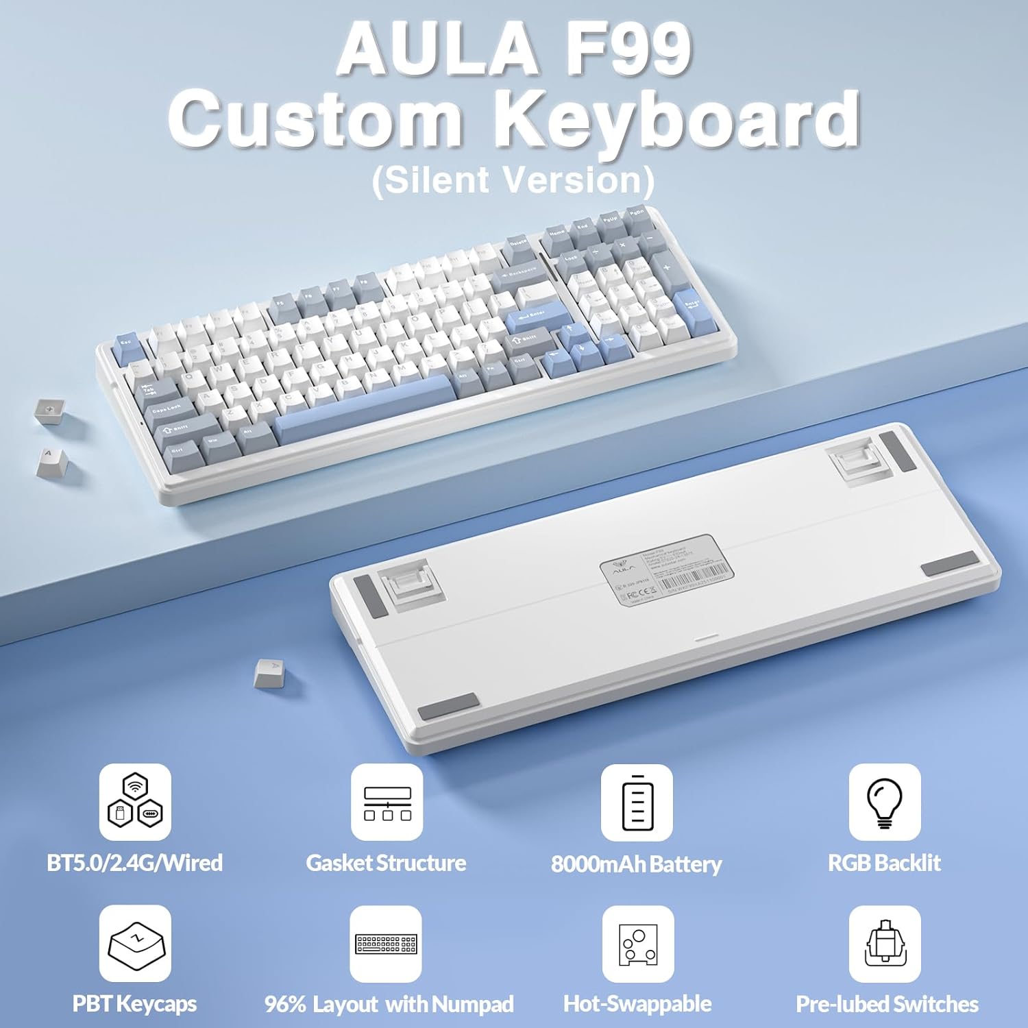 Thumbnail 1 de AULA F99 Mechanical Gaming Keyboard - Silent Version: Multi-Device, Hot-Swap, 8,000mAh Battery