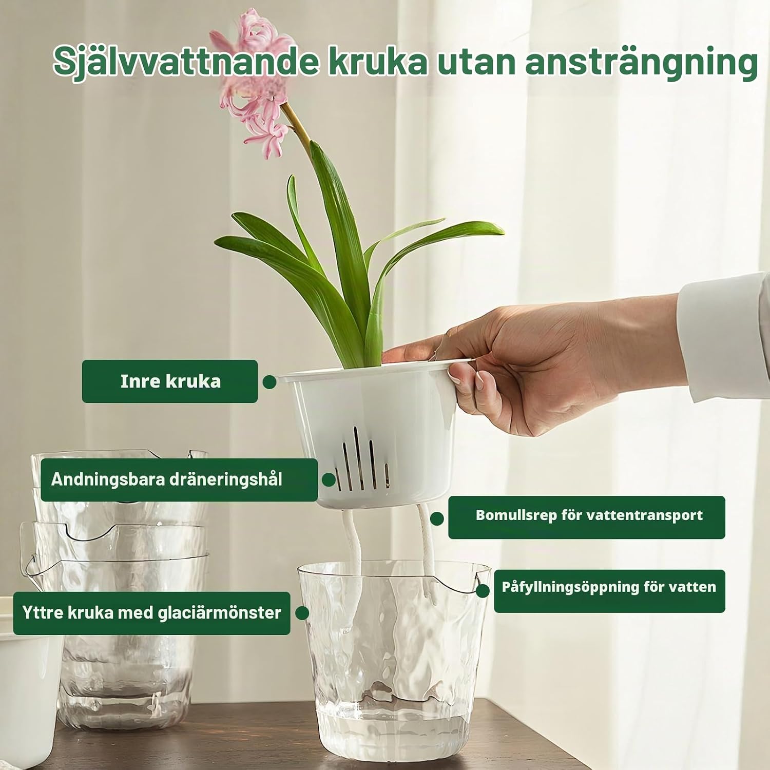 Detalle de Rodison RDS020-WH självvattnande krukor, 18 cm, kristallin isoptik, 4-pack