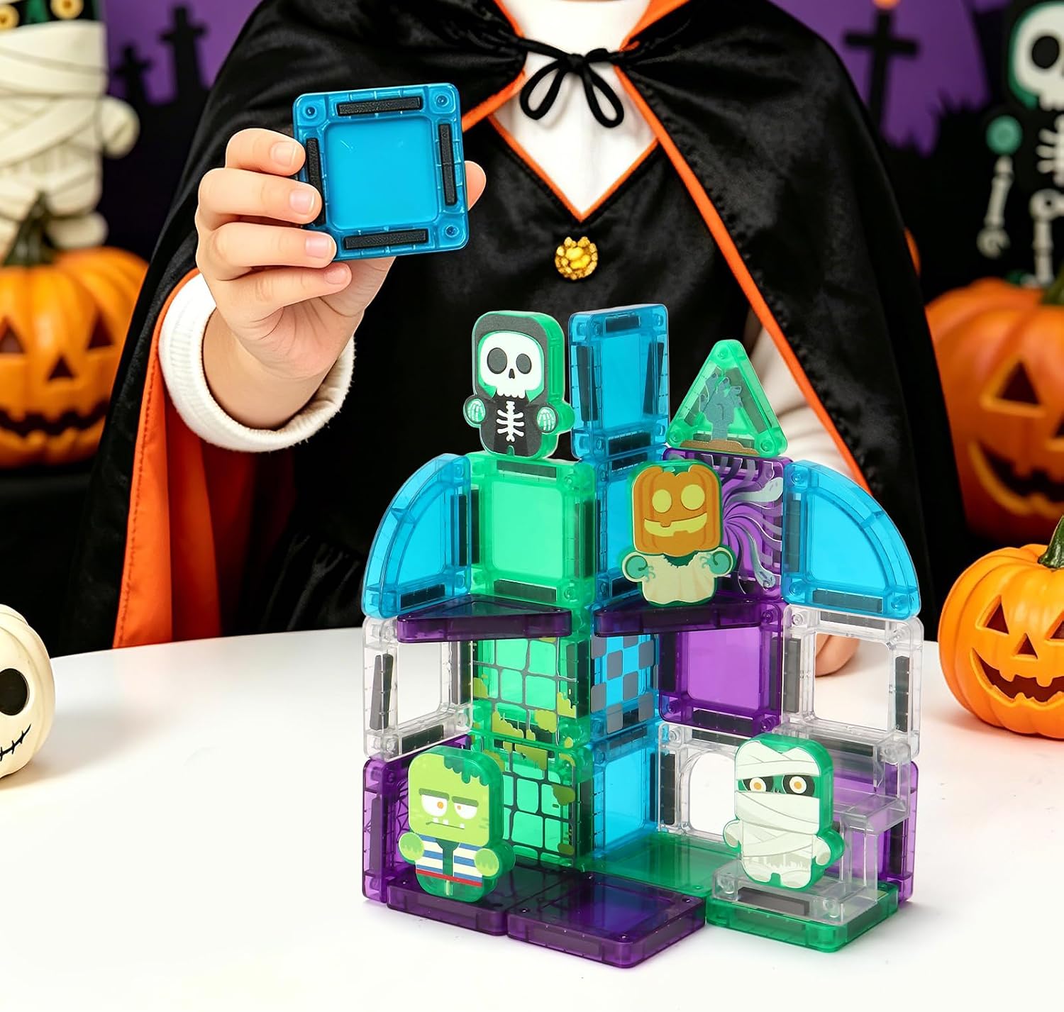 Thumbnail 6 de MEESHEEP Halloween magnetische bouwstenen reisset, 32-delig met metalen doos