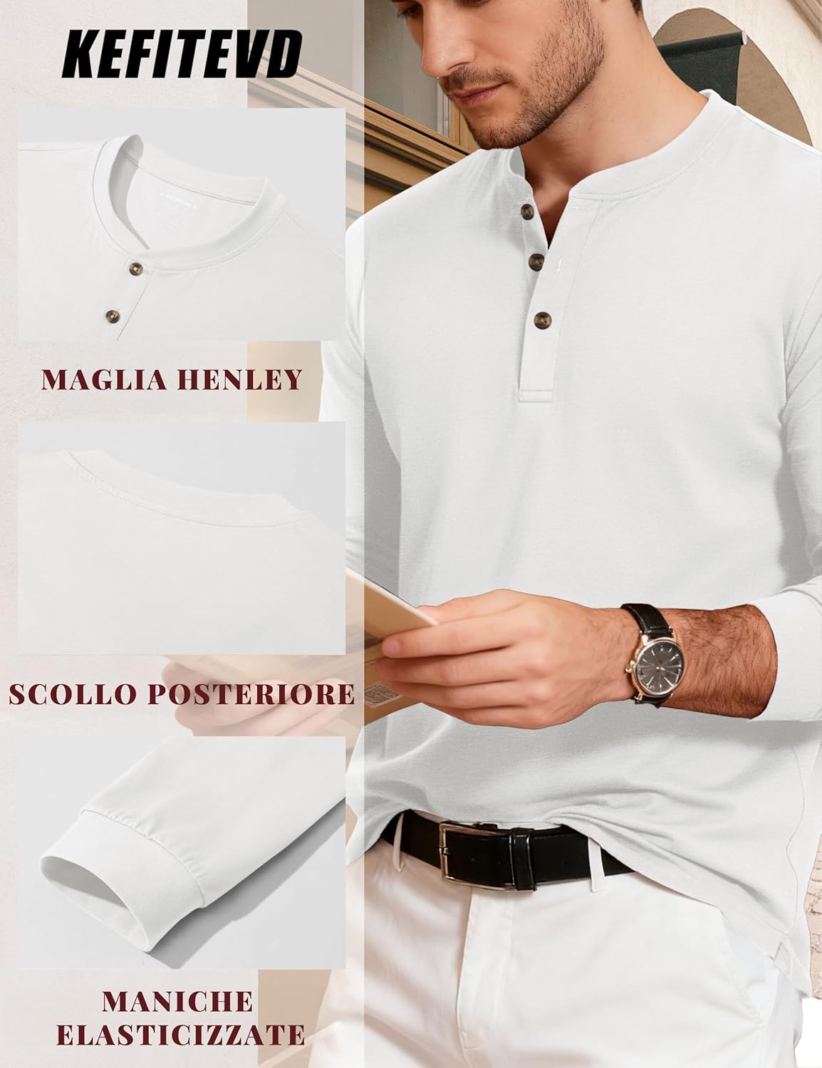 Thumbnail 3 de KEFITEVD Magliette Uomo Henley a Manica Lunga in Cotone - Basica e Comfort