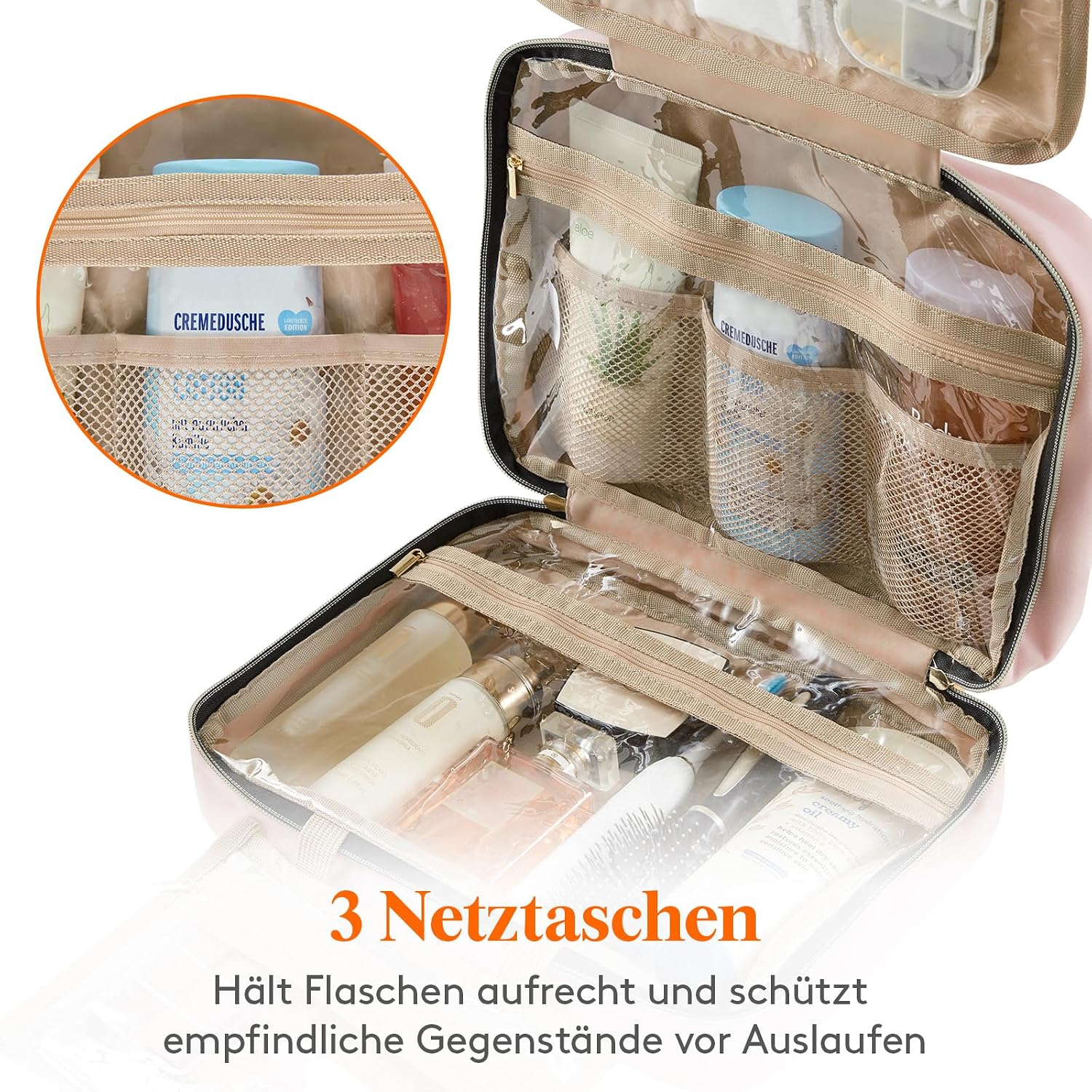 Detalle de Lifewit Reise-Kulturbeutel Damen mit Aufhängehaken – transparente Kosmetiktasche groß, Pink