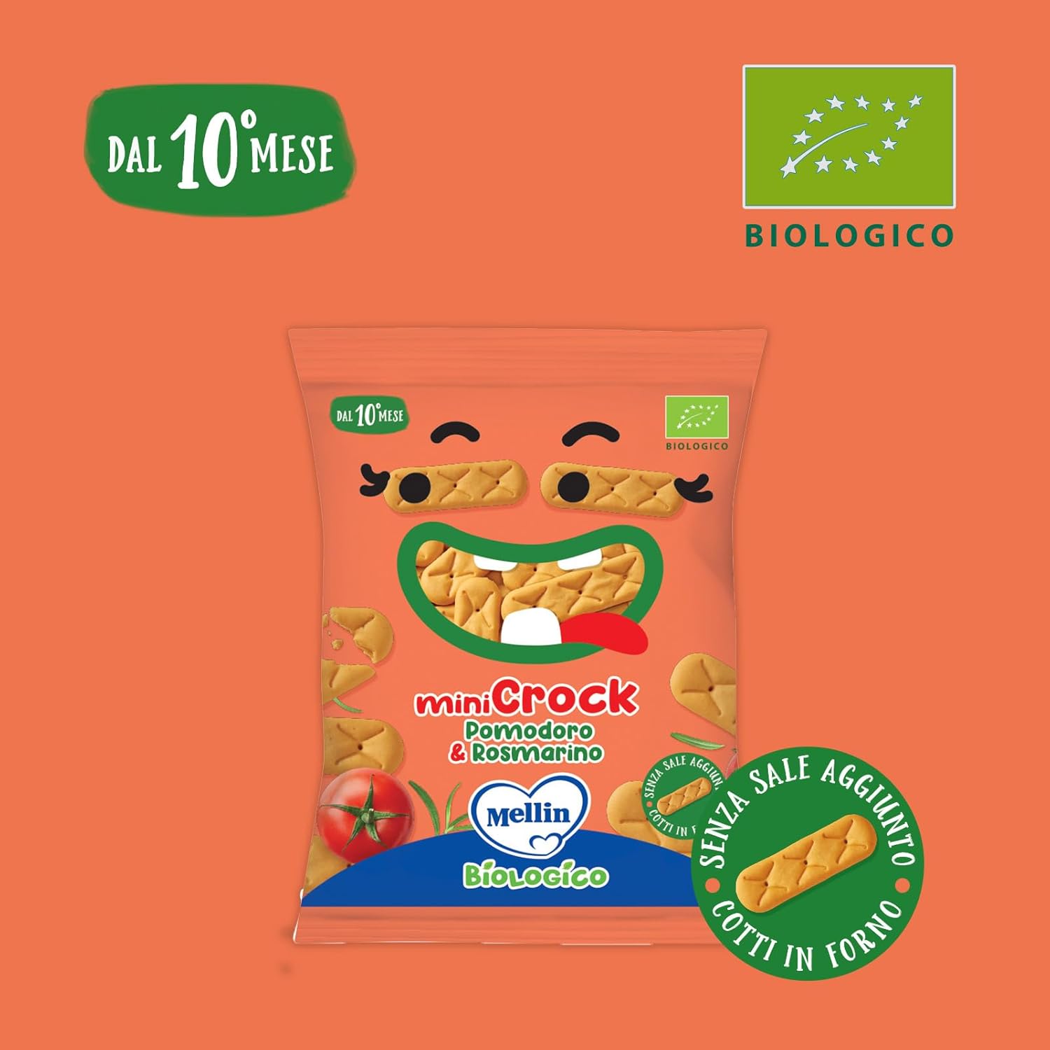 Detalle de Mellin MiniCrock Pomodoro e Rosmarino – Snack biologico per bambini dai 10 mesi (300 g in 10 confezioni da 30 g)