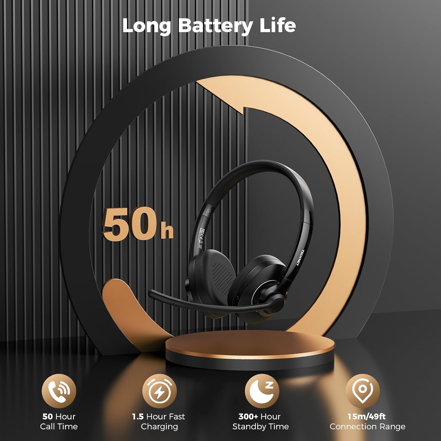 Thumbnail 3 de TECKNET Bluetooth Headset with AI Noise Cancellation: Dual-Mode USB-A & Bluetooth 6.0 On-Ear Headphones
