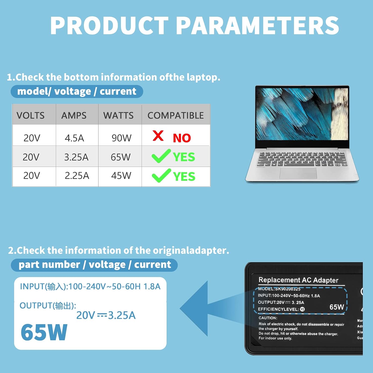 Thumbnail 1 de Jeestam-L04 65W-laptoplader voor Lenovo, 20 V en 3,25 A