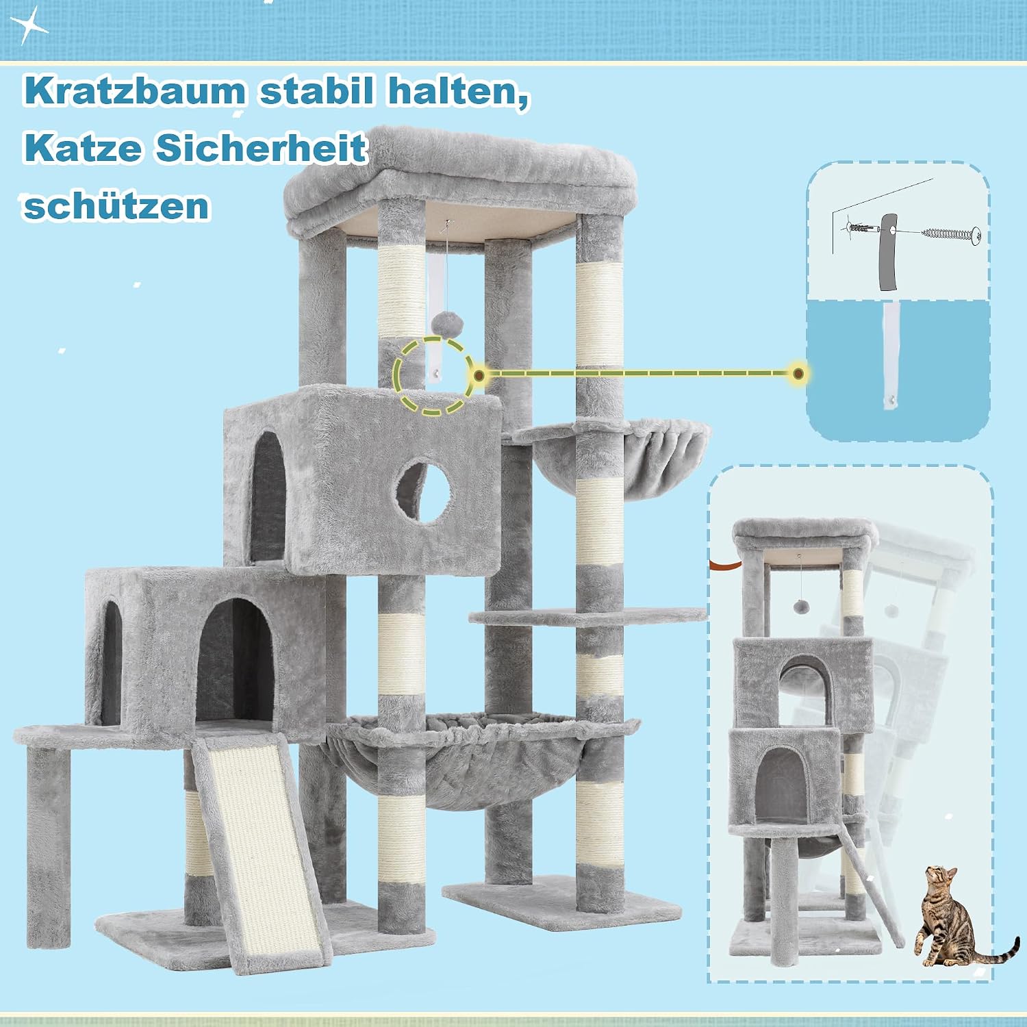 Thumbnail 6 de Hey-brother Kratzbaum – Katzenbaum mit großen Plattformen, Treppenstruktur und zwei Höhlen (127 cm, Hellgrau MPJ071W)