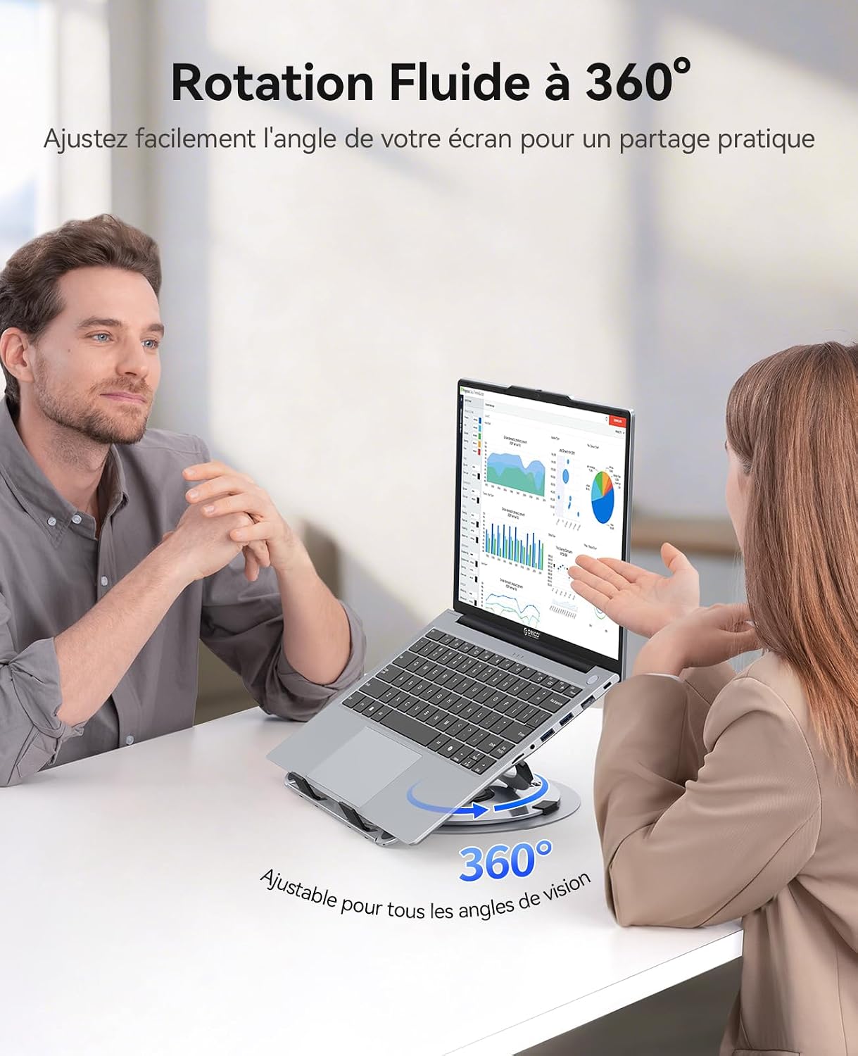 Detalle de ORICO Support ordinateur portable ventilé réglable NS1 en aluminium, hauteur à 5 niveaux et rotation 360° (10 à 17,3")