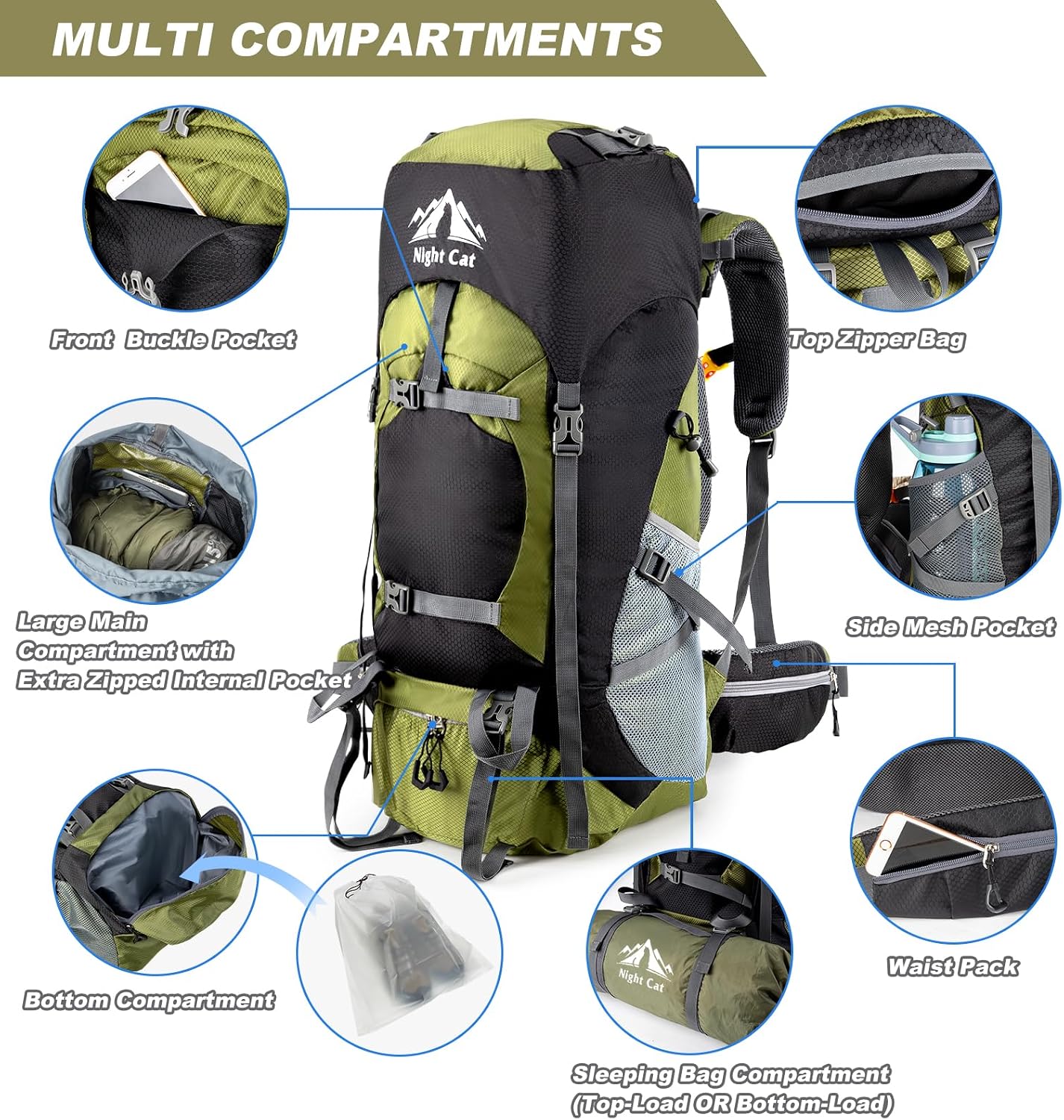 Detalle de Night Cat 90L Zaino da Trekking: grande capacità, comfort e versatilità per viaggi outdoor