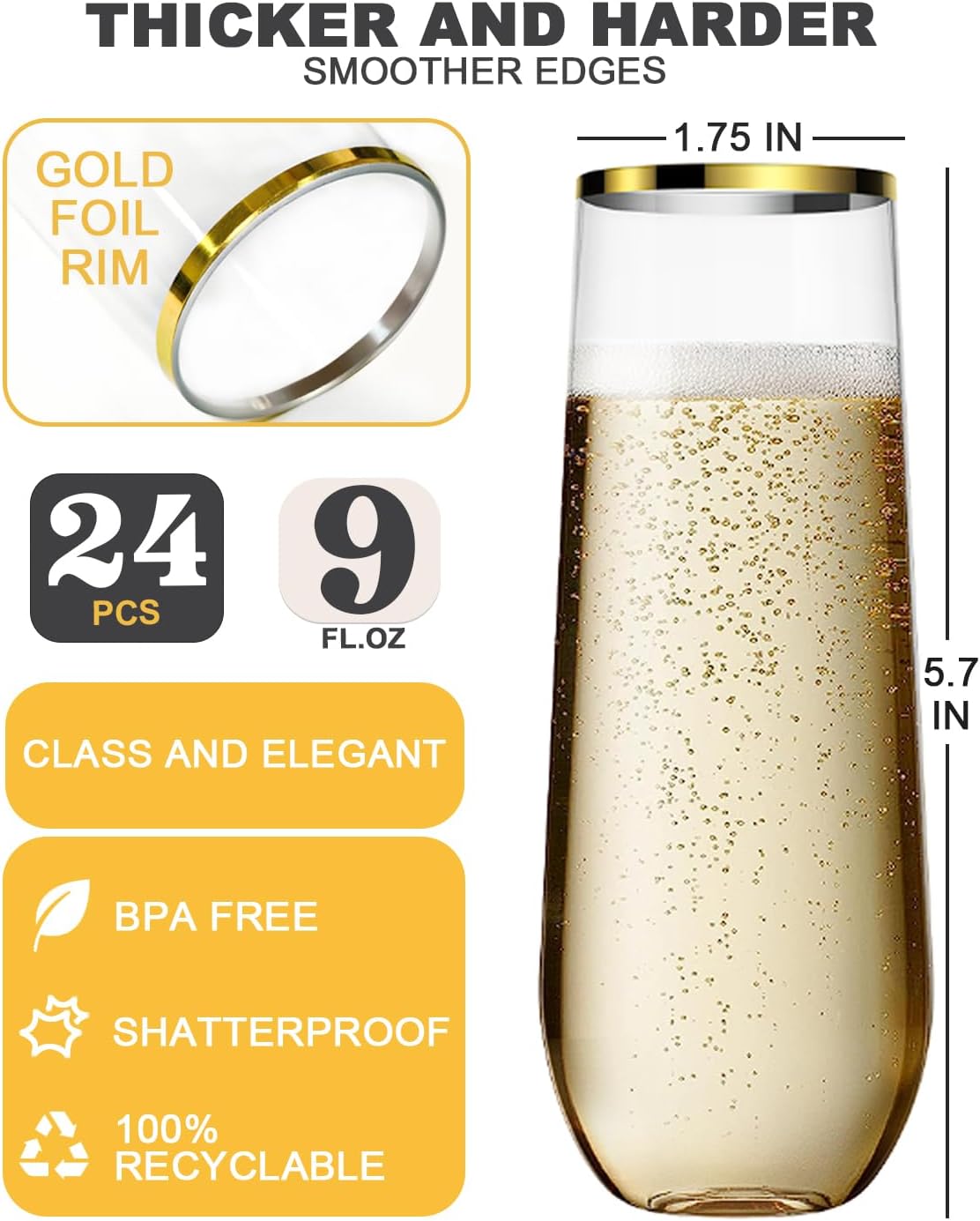 Thumbnail 4 de Maaacute 24 Pack Champagne Flutes Plastic, 9 Oz – Gold Rim Stemless, BPA-Free & Shatterproof
