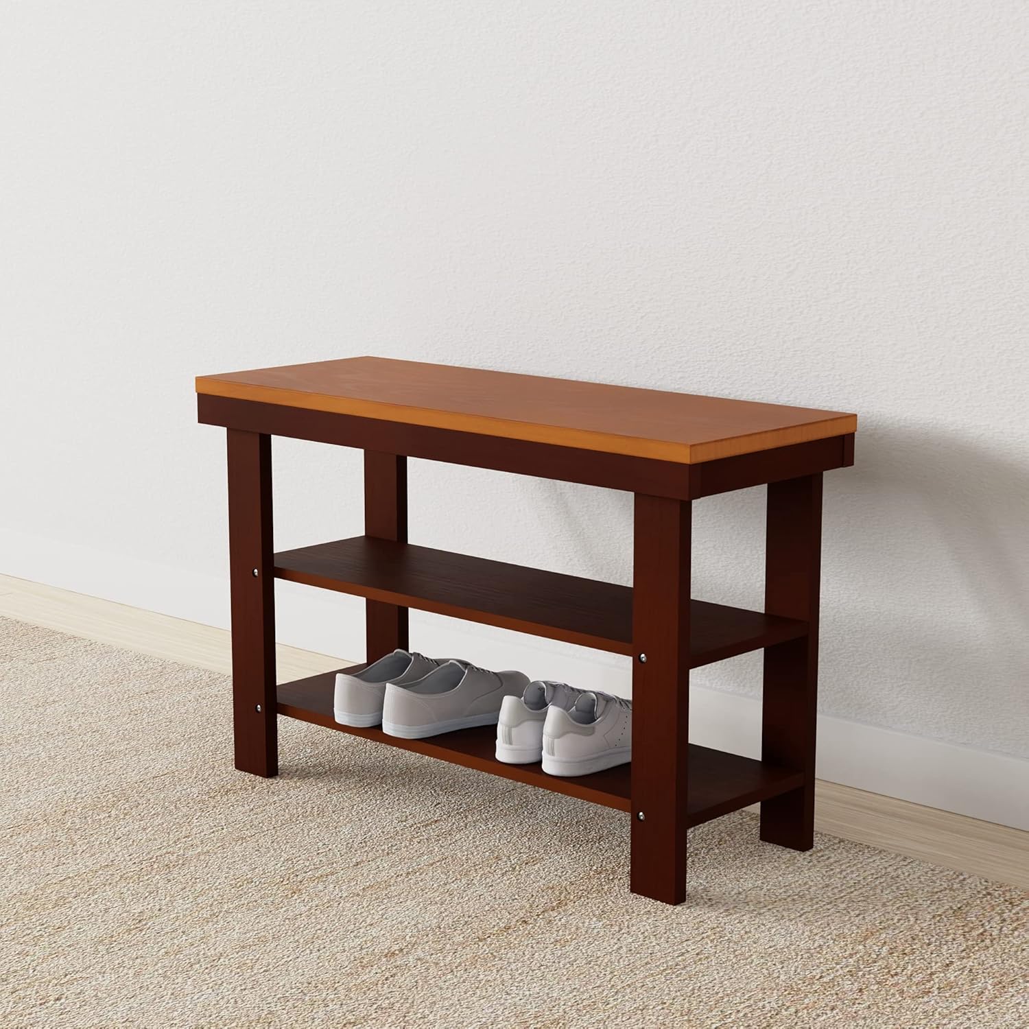 Detalle 2 de Amazon Basics Schuhregal aus massivem Kiefernholz, 3 Ebenen, Bank für den Eingangsbereich, Espresso