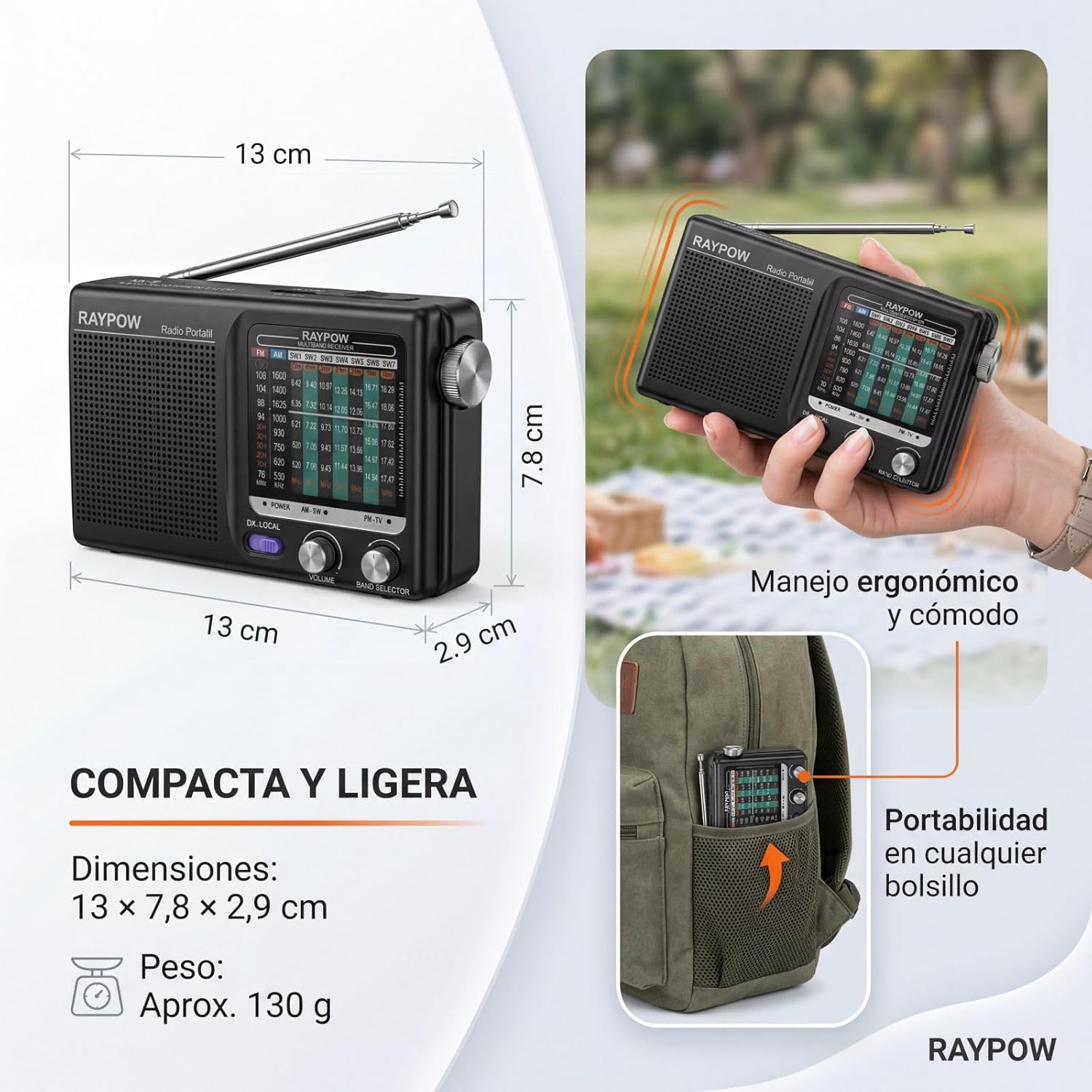 Thumbnail 6 de RAYPOW Raypow Radio Portatile a 9 bande FM/AM/SW1–SW7 con speaker e alimentazione a 2 batterie AA