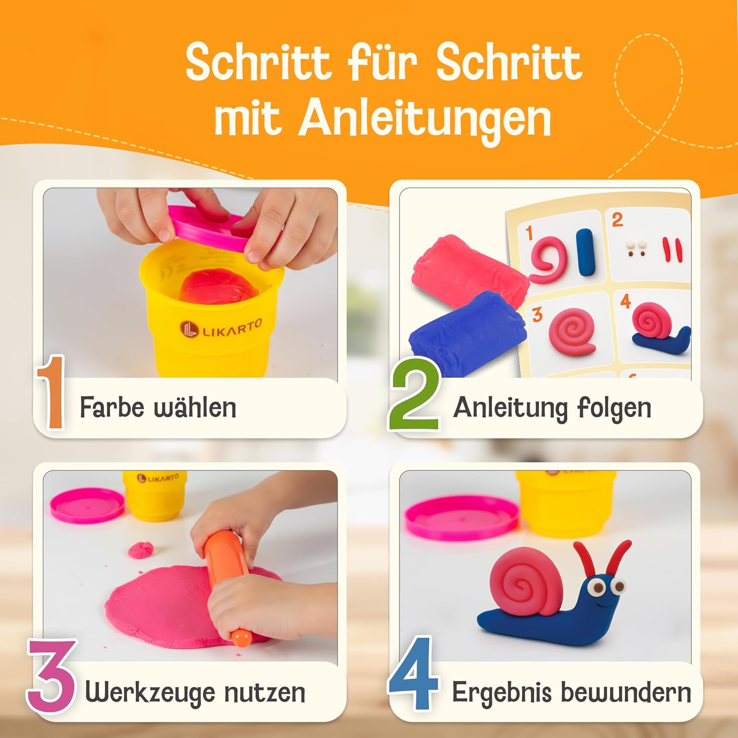 Detalle 2 de Veganes Knete-Set für Kinder ab 1 Jahr – 10 Farben, 5 Werkzeuge, 10 Vorlagen