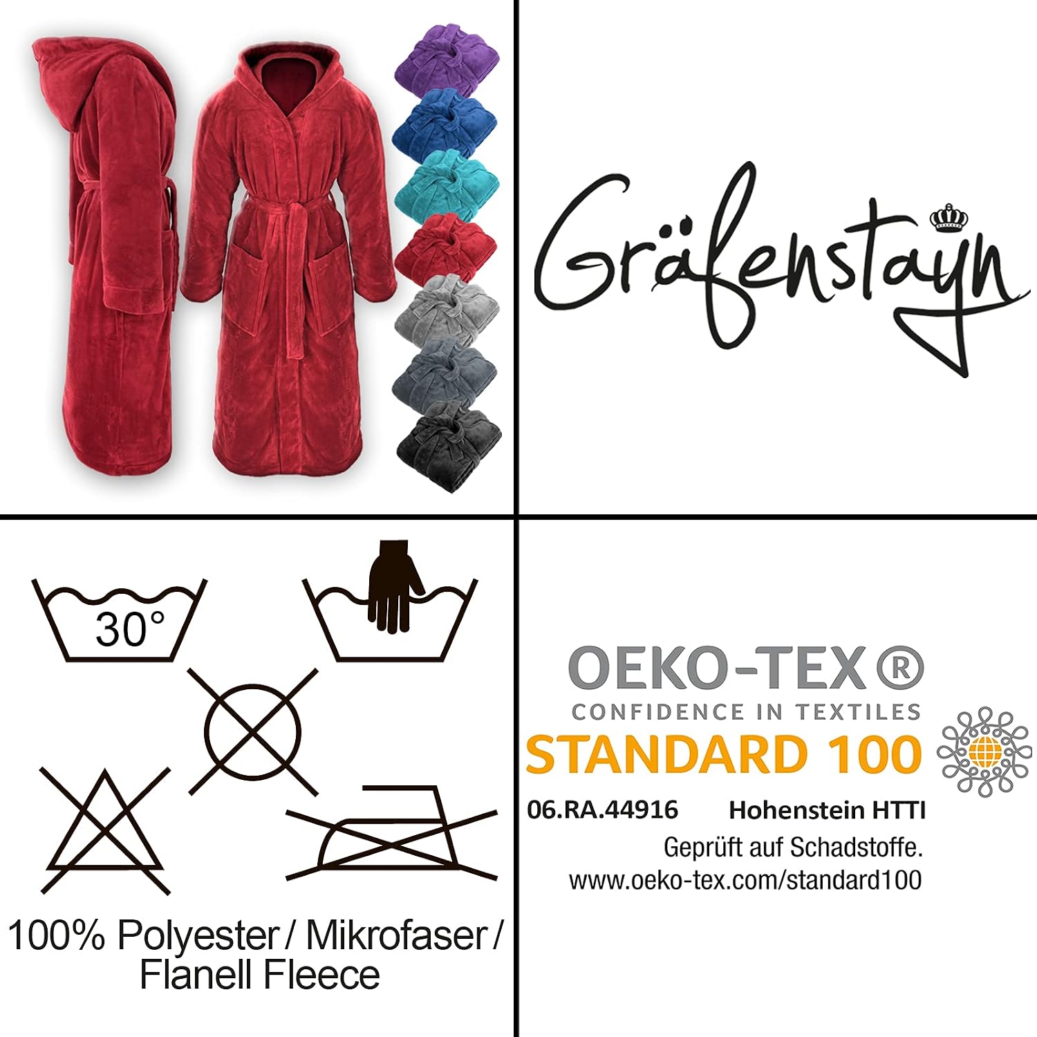 Detalle 2 de Gräfenstayn Kuschelfleece Bademantel mit Kapuze (Öko-Tex Standard 100), Unisex