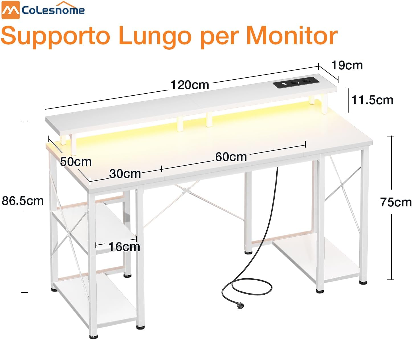 Thumbnail 2 de Coleshome Scrivania Gaming con LED 120x50 cm: illuminazione dinamica, supporto monitor e posto per accessori