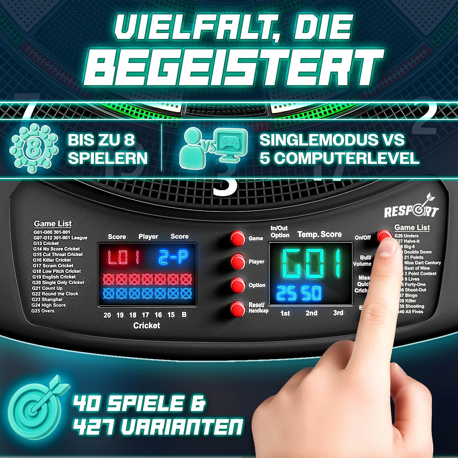 Detalle 1 de RE:SPORT RSEDS-001 elektronisch dartbord voor 1-8 spelers, 427 varianten