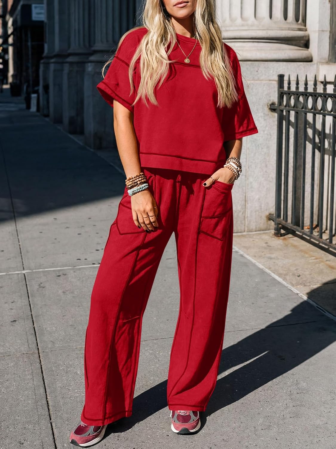Detalle 1 de Fisoew Women's 2-Piece Lounge Set with Cotton-Blend Top and Wide-Leg Pants