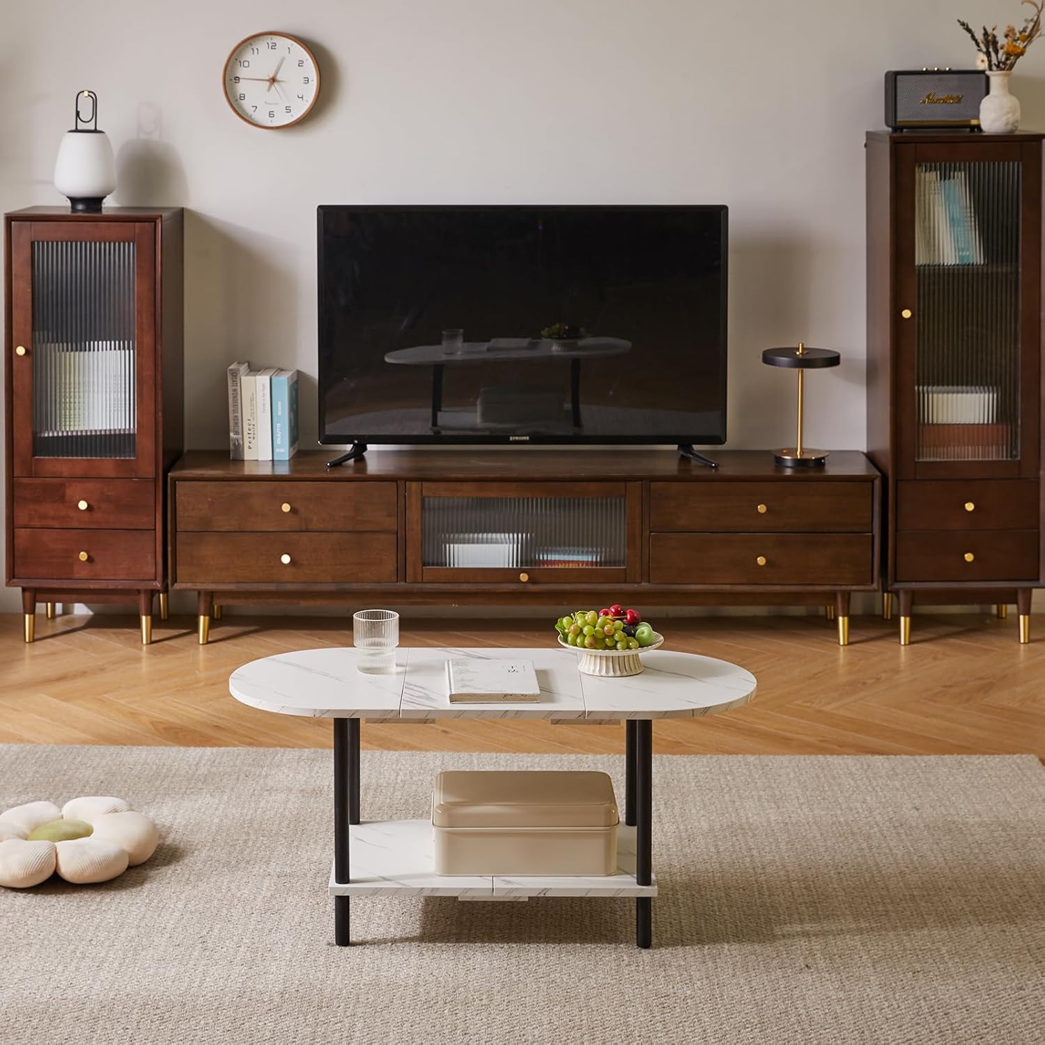 Thumbnail 1 de Aibiju Couchtisch YD-011M – kleiner Wohnzimmertisch mit ovaler Platte, 2-stufigem Stauraum und Holzbeinen