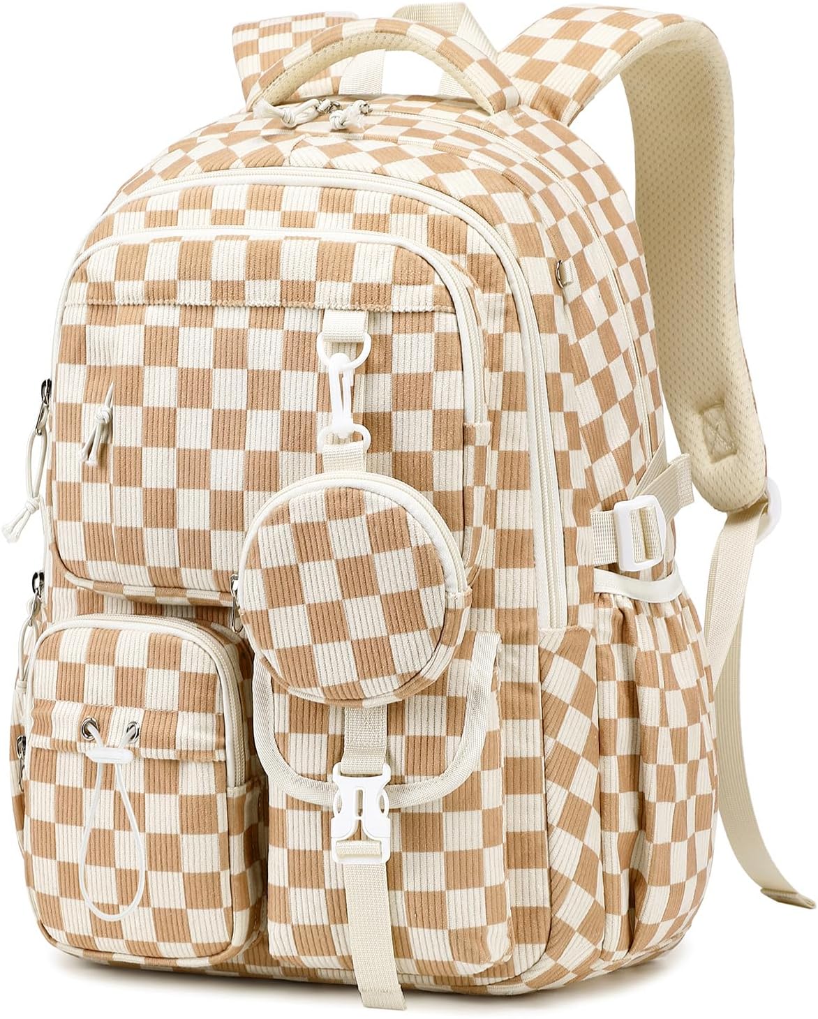 Detalle de Sisipoet Sac à Dos Velours Côtelé Damier, Cartable Avec Pochette Ronde – idéal pour l’école
