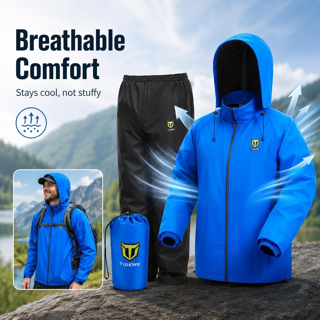 Detalle de TIDEWE Men's Waterproof Rain Suit, Lightweight 2-Piece Gear with Sealed Seams