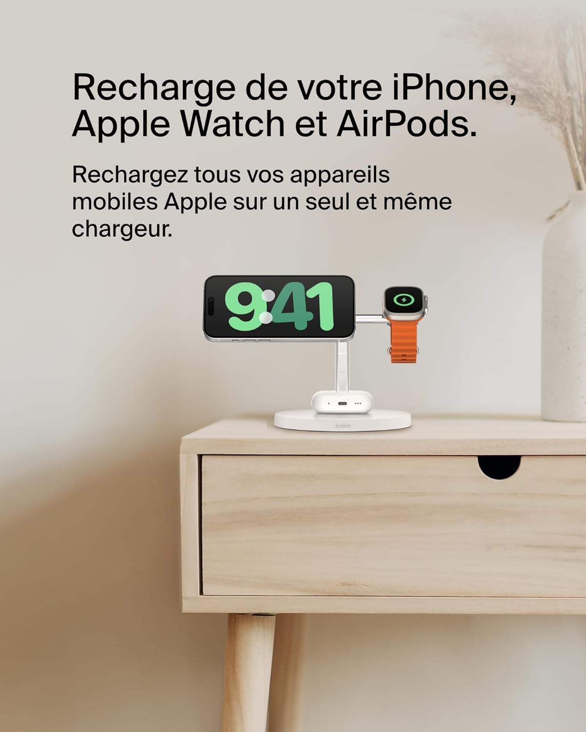 Detalle de Belkin BoostCharge Station 3-en-1 avec Qi2 | Chargeur MagSafe pour iPhone, Apple Watch et AirPods