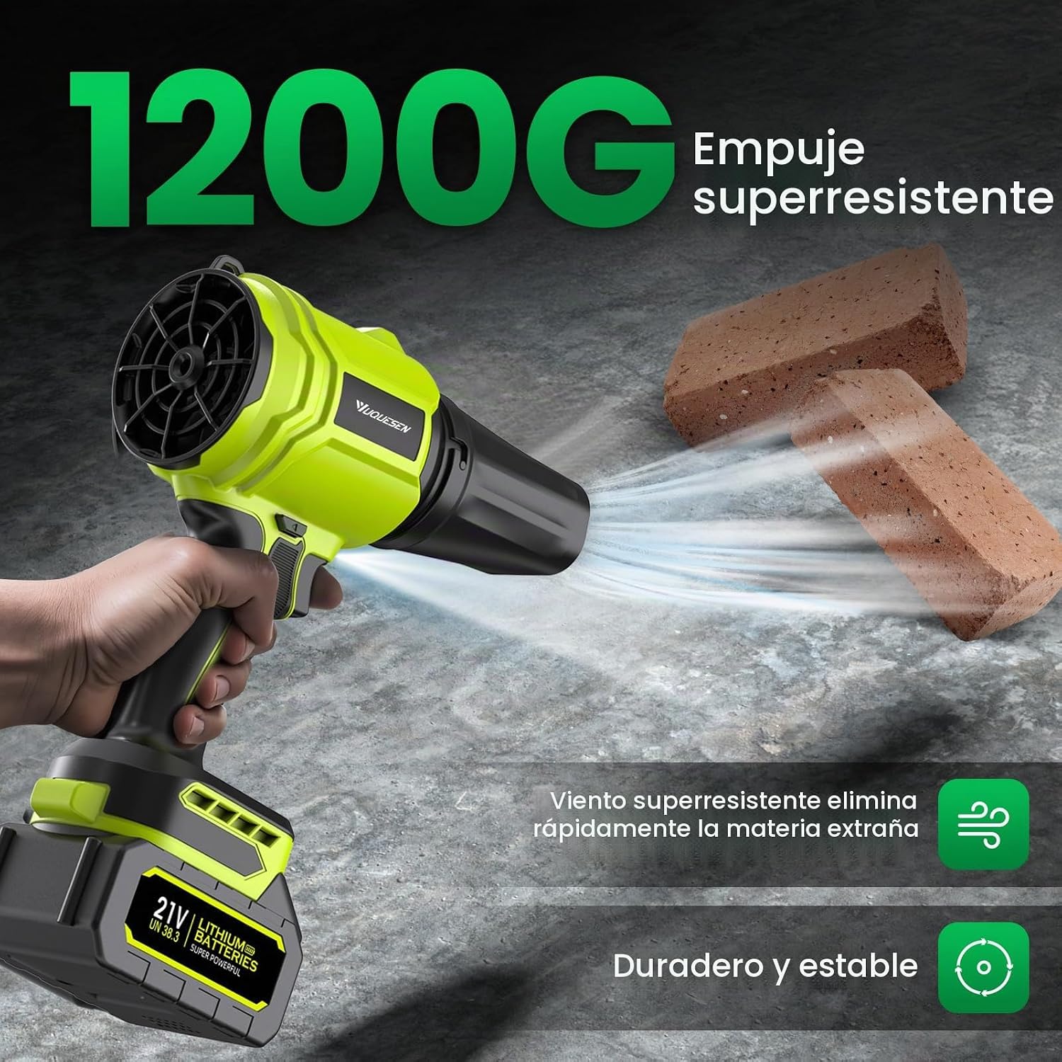 Thumbnail 3 de Soplador de Hojas Yuquesen 900.000 RPM — kit 2 baterías, cargador y accesorios (Verde Brillante)