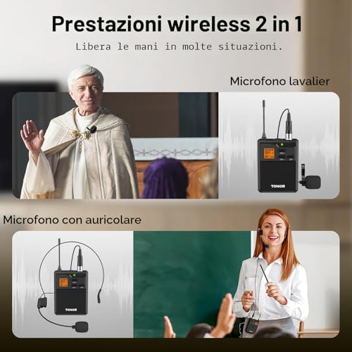 Detalle 2 de TONOR Wireless UHF Microfono con trasmettitore bodypack, lavalier e archetto: distanza fino a 60 m