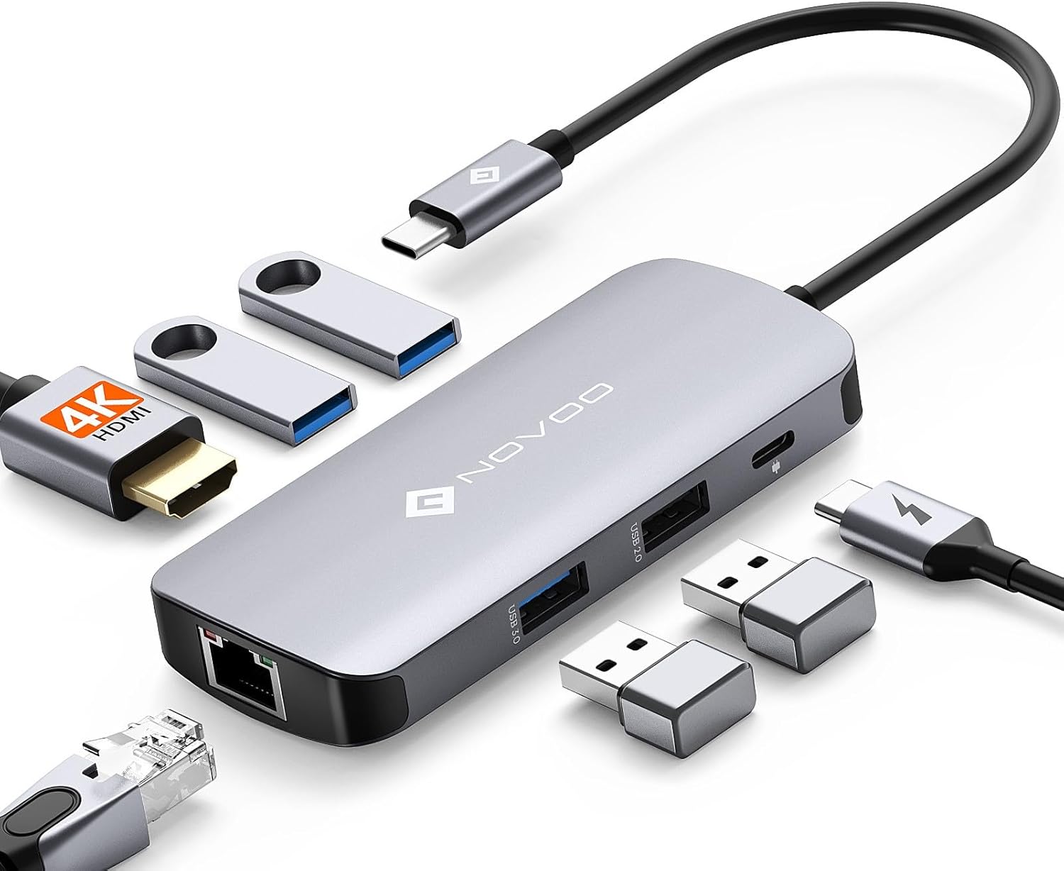 Detalle de NOVOO USB C Hub 7‑in‑1 with 1Gbps Ethernet, 100W PD