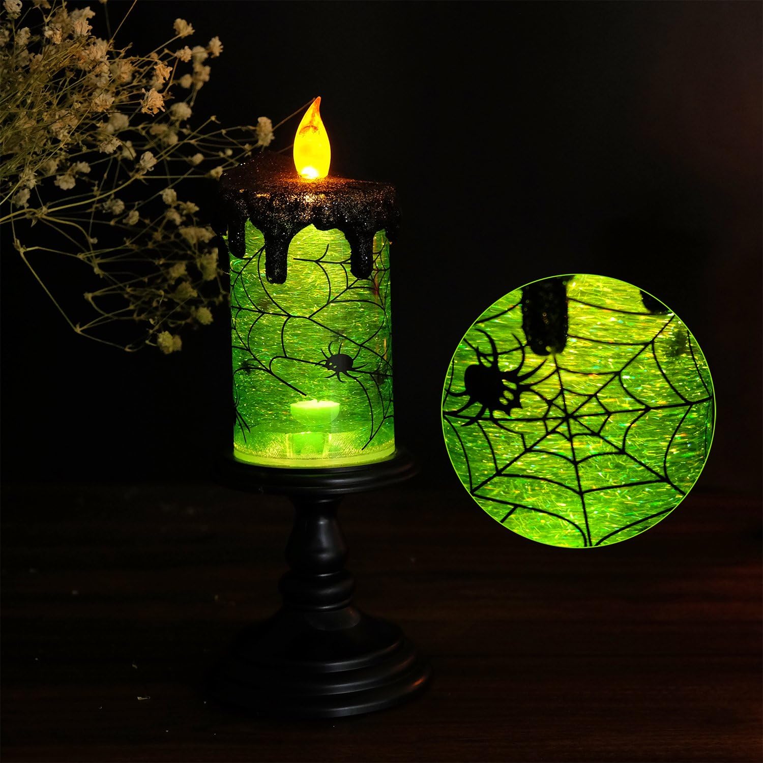 Detalle 1 de Eldnacele RD001-G Spider Halloween Snow Globe Candle, Green LED, 4" x 10