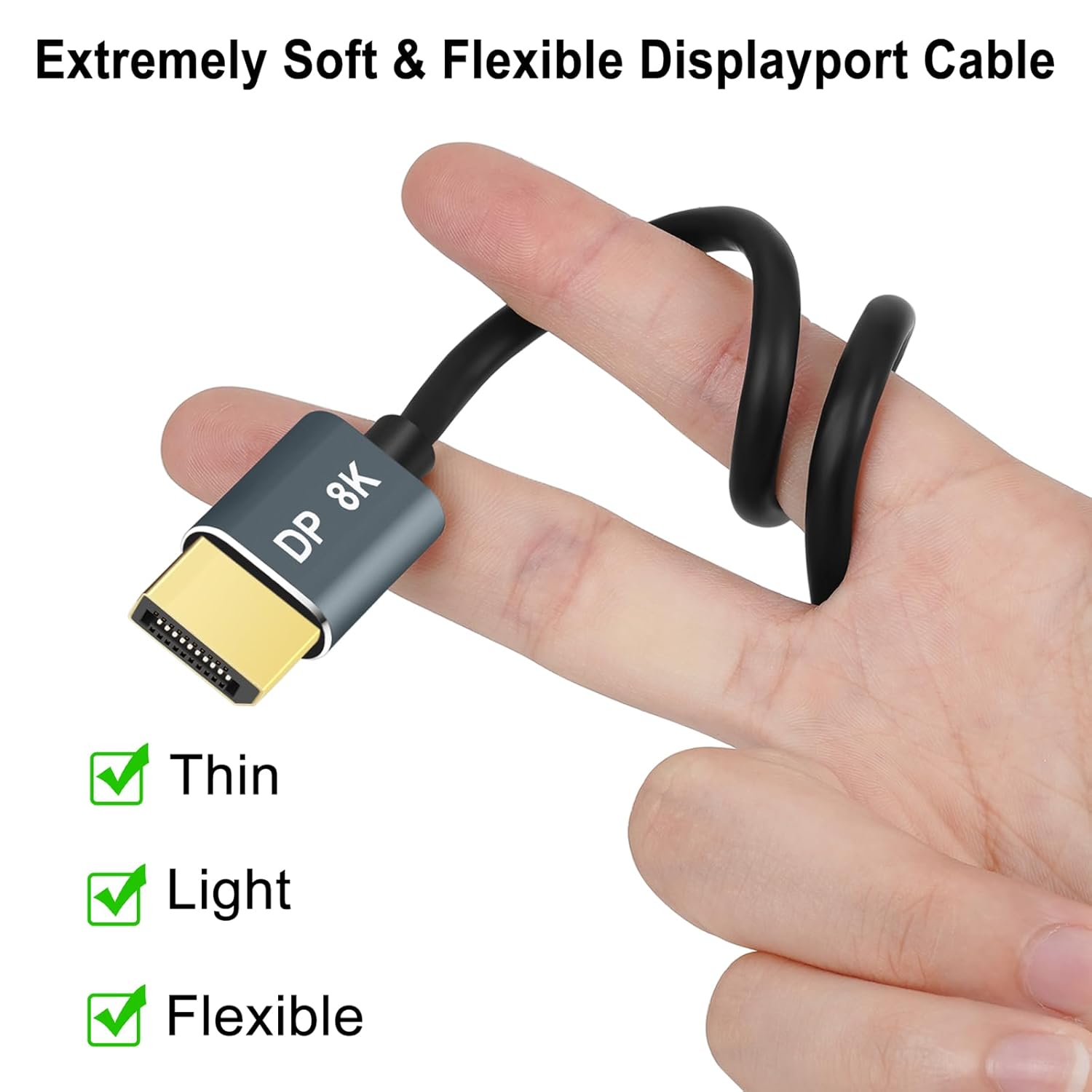 Detalle 2 de Thsucords DisplayPort Cable 5M 2-Pack – Ultra Slim DP 1.4, 8K/4K Compatible, 32.4Gbps
