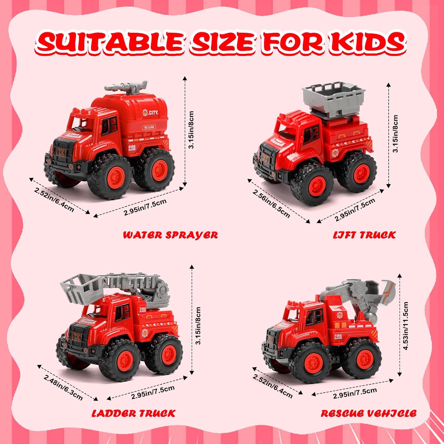 Thumbnail 3 de 4er-Set Feuerwehrautos Spielzeug (Push & Go) ohne Batterie – inkl. Leiterwagen, Tankwagen, Rettungs- & Bohrfahrzeug