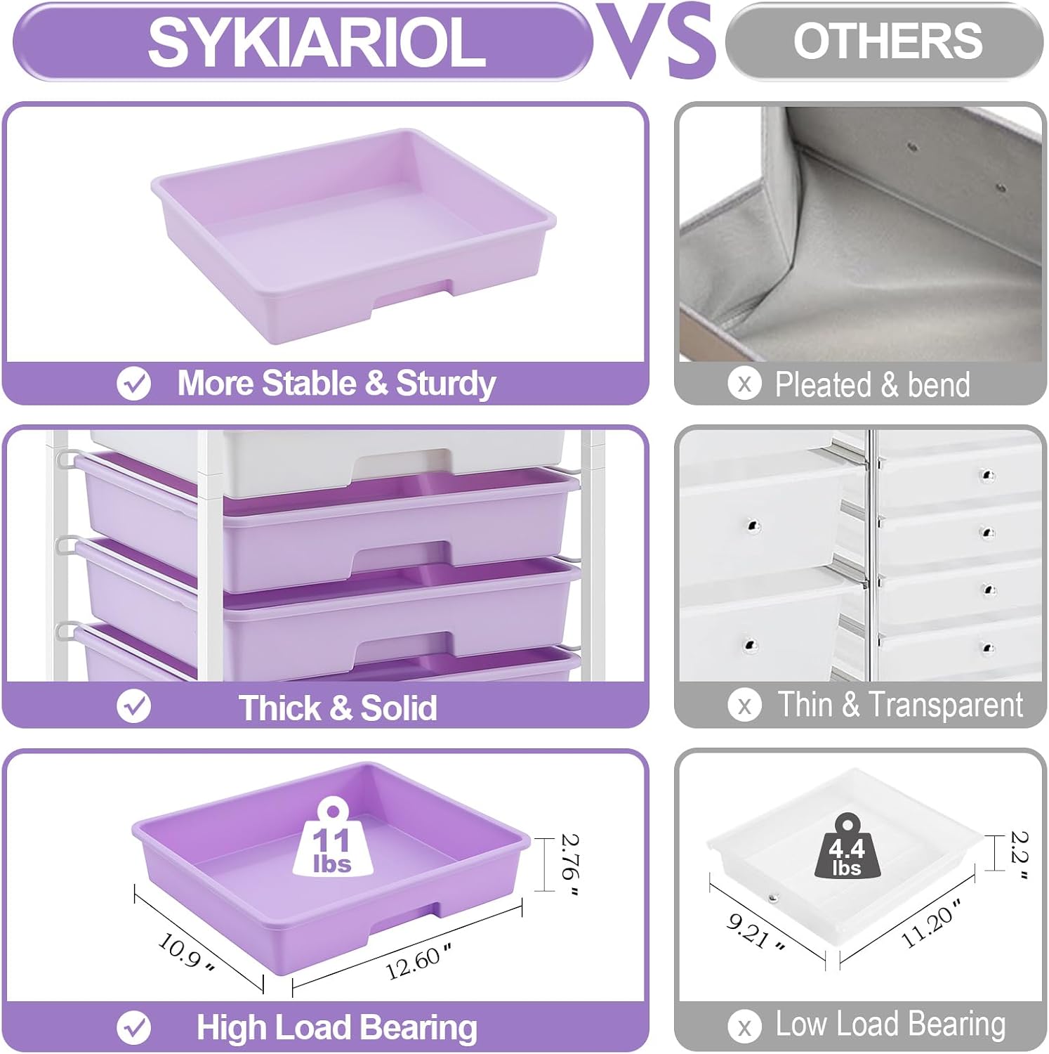 Thumbnail 3 de SYKIARIOL 1250-3 Rolling Storage Cart, Purple, 8 Drawers, Wood Top
