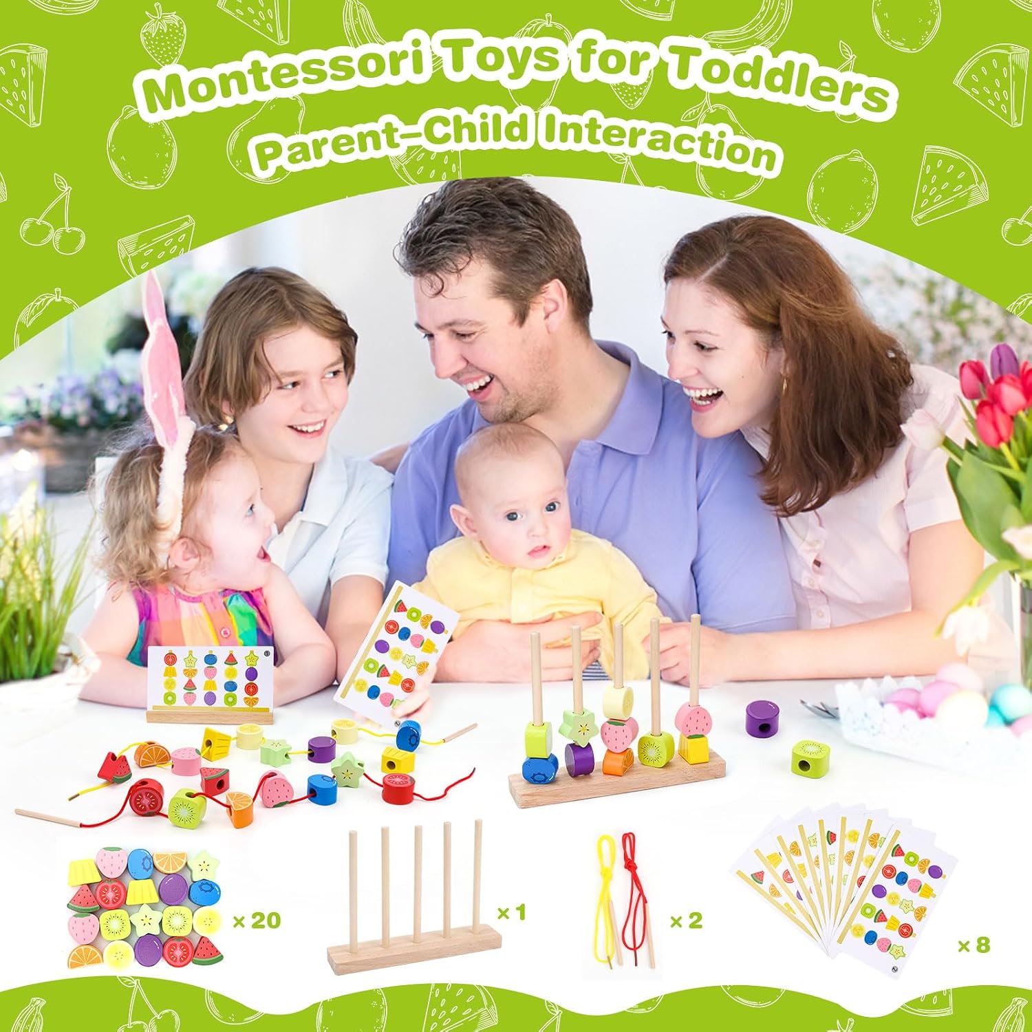 Detalle de GiddyGlow Jouet Montessori en Bois pour Enfants 2-5 Ans — Perles à Enfiler, Tri et Empilage