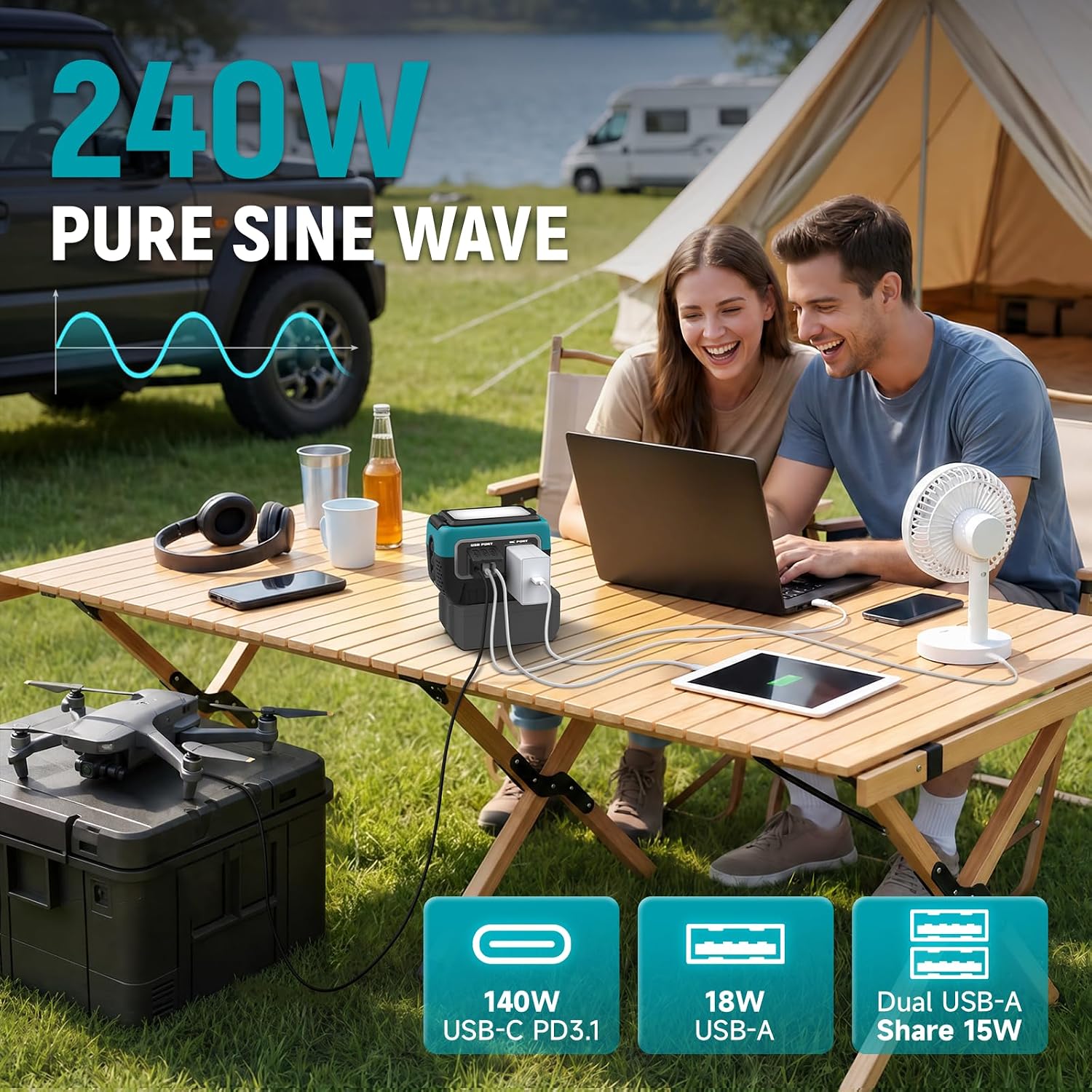 Detalle de Kzreect 240W純正正弦波インバーター マキタ18V対応、140W USB-C PD3.1・120V AC・600LMライト搭載