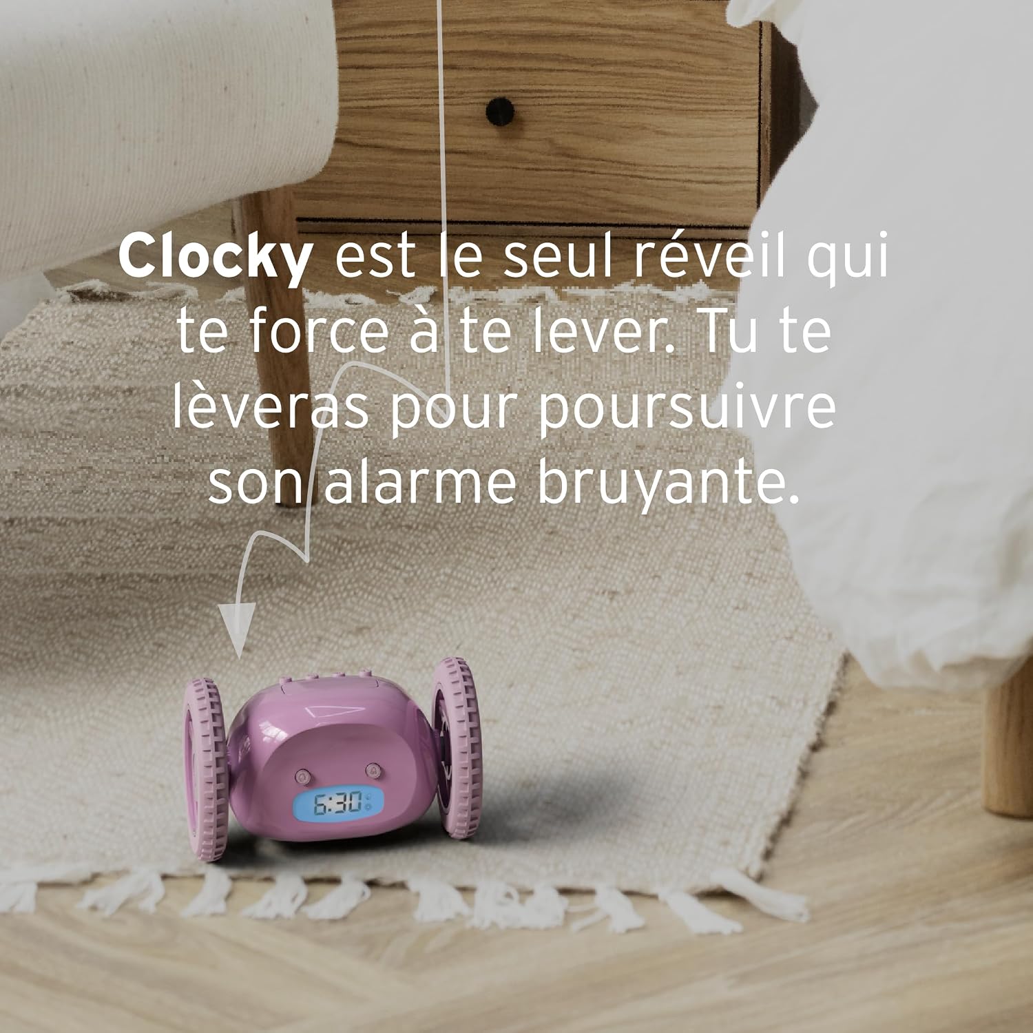 Detalle de Clocky Réveil matin à roulettes “Roulant Forte Sonnerie” (lavande) — réveil puissant pour gros dormeurs