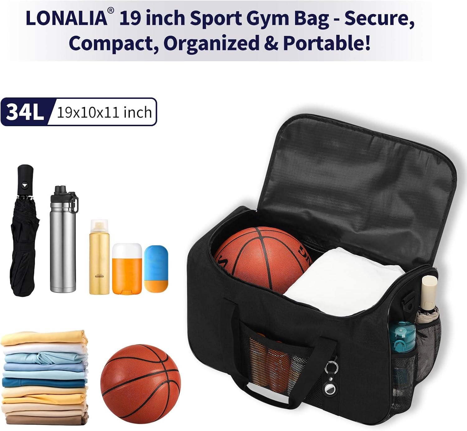 Thumbnail 2 de LONALIA Sac de Sport 34L – 48x25x28 cm, noir: compact et polyvalent
