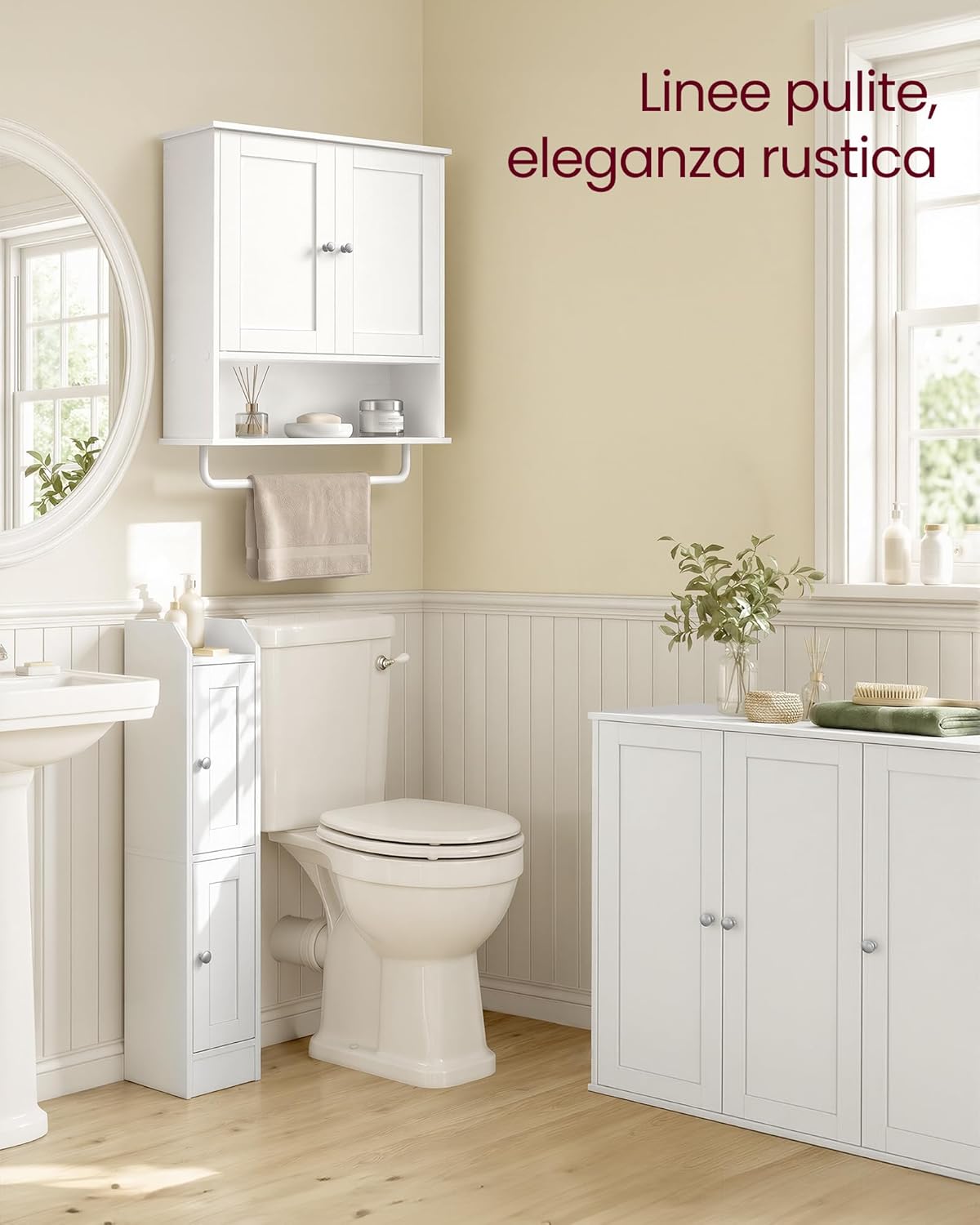 Detalle de VASAGLE SIREN Collezione: Mobile da Bagno Sospeso con Bar Porta-Asciugamani, Armadietto a Parete 56 cm, Bianco Nuvola BBK149WB01