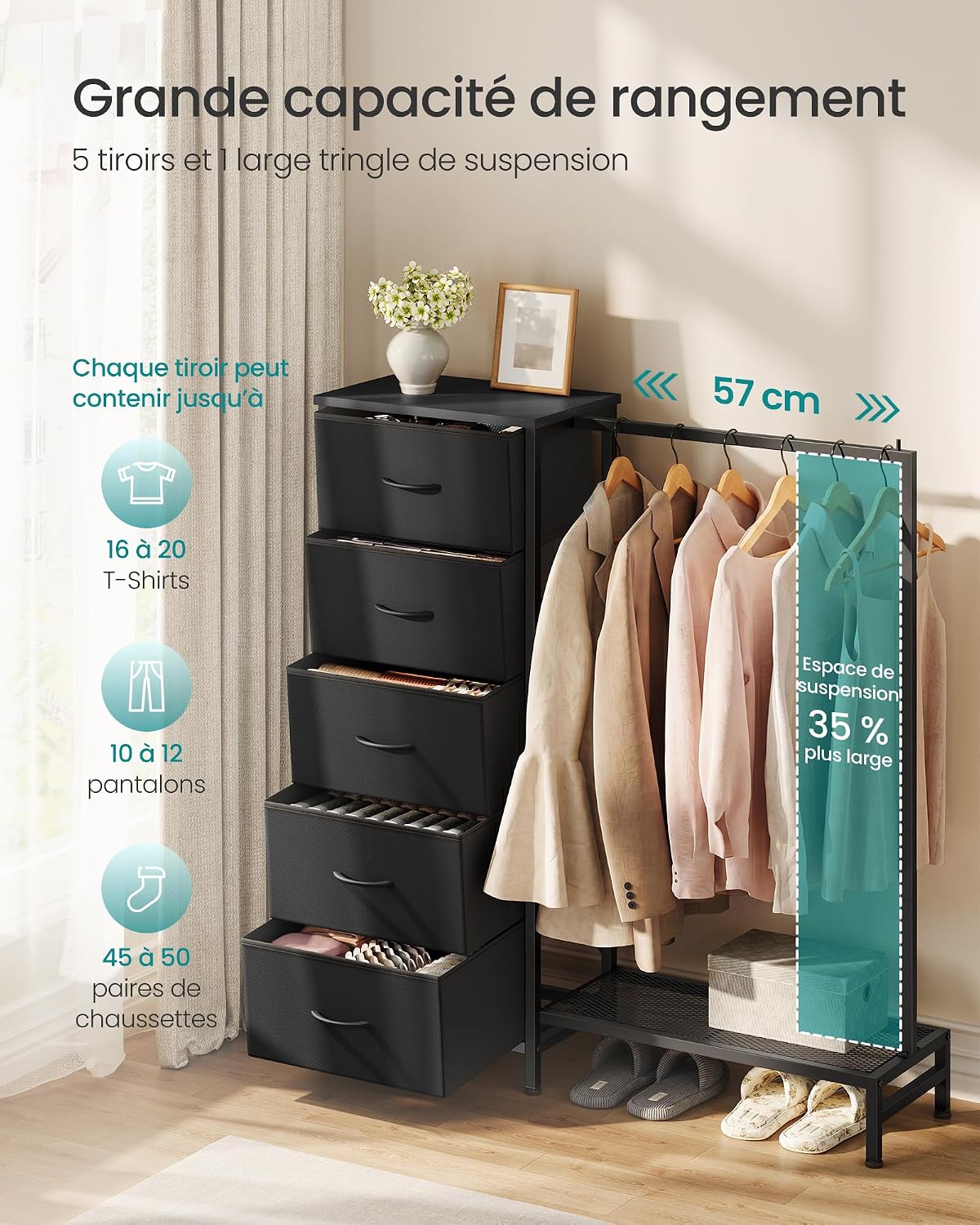 Detalle 2 de SONGMICS LGS423B101 kledingrek met 5 laden, stang en schoenenrek, inktzwart