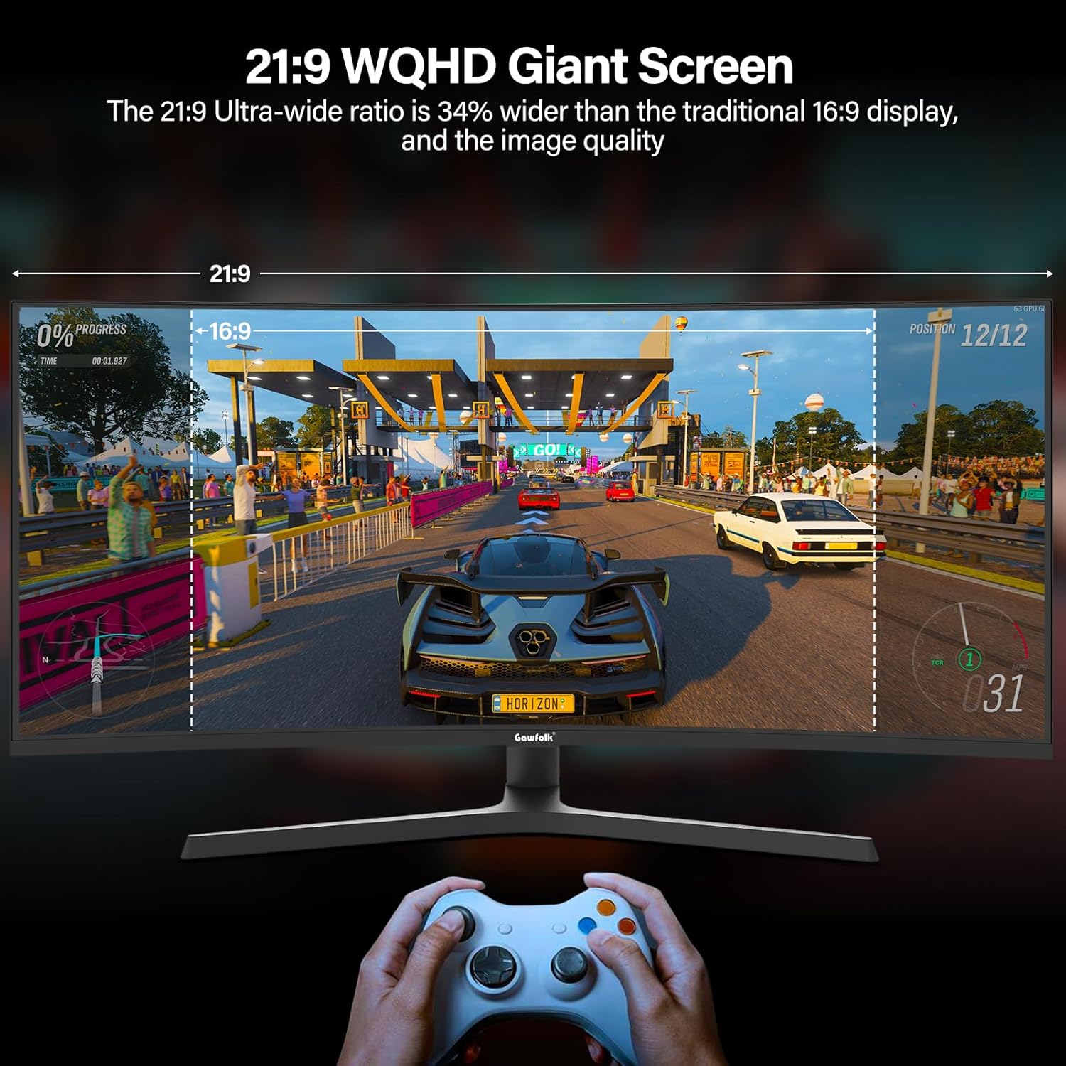 Detalle de Gawfolk 34-Zoll Curved Ultrawide Gaming-Monitor (3440×1440, 165 Hz, 1500R) mit VA-Panel und Höhenverstellung