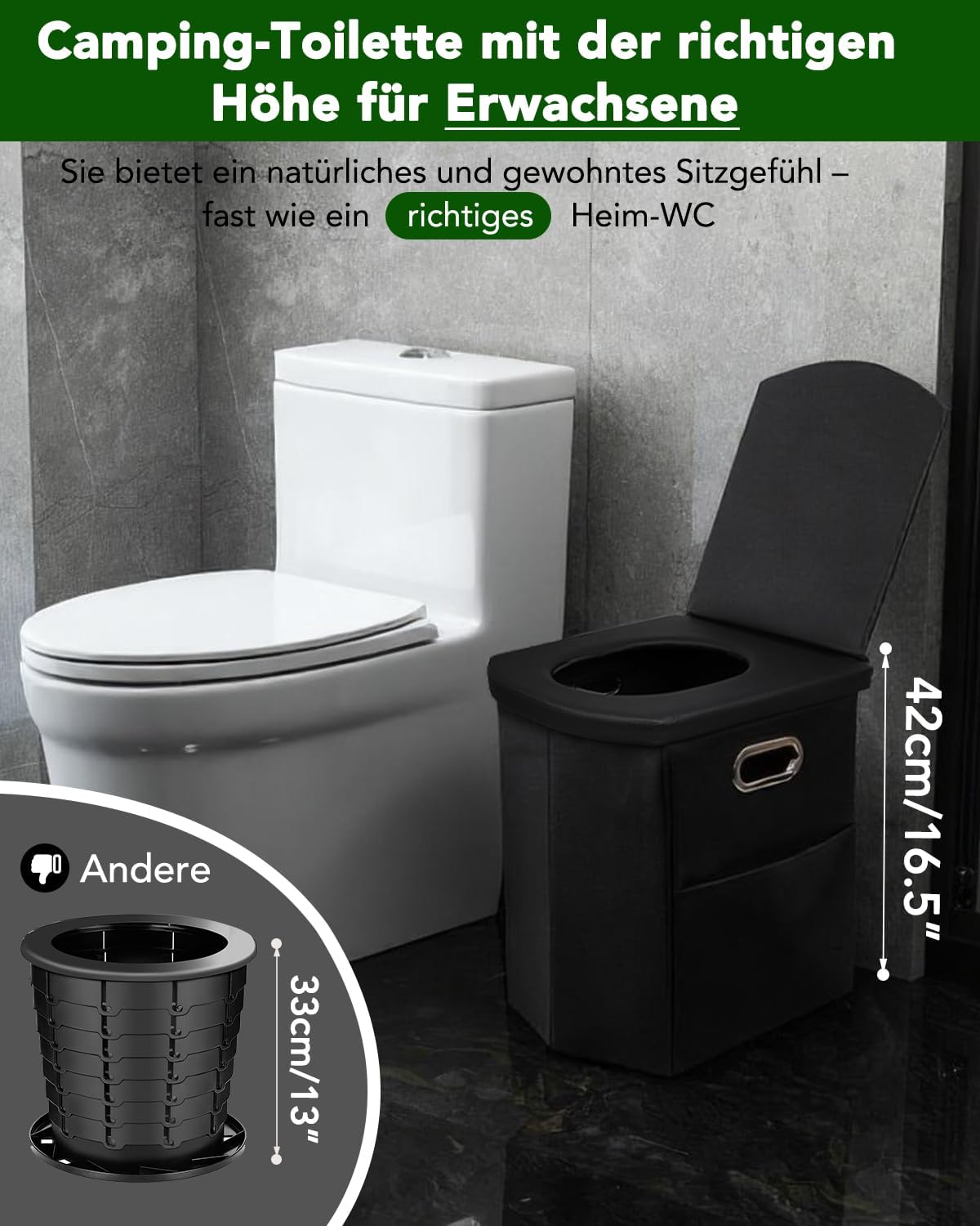 Detalle de E EASTSTORM Faltbare Campingtoilette – 42 cm Sitzhöhe, belastbar bis 200 kg, kompakt & vielseitig