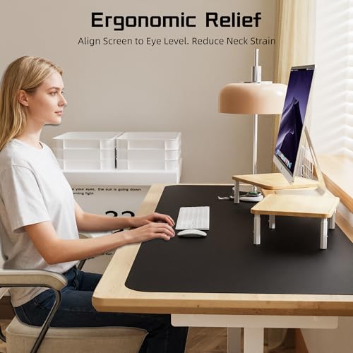 Thumbnail 7 de ETHU Dual Monitor Stand Riser with Drawer 75-103.4cm, Oak