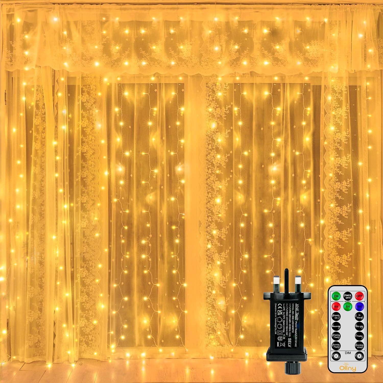 Detalle de Ollny Curtain Fairy Lights, 300LED 3m x 3m Waterfall Hanging String Lights