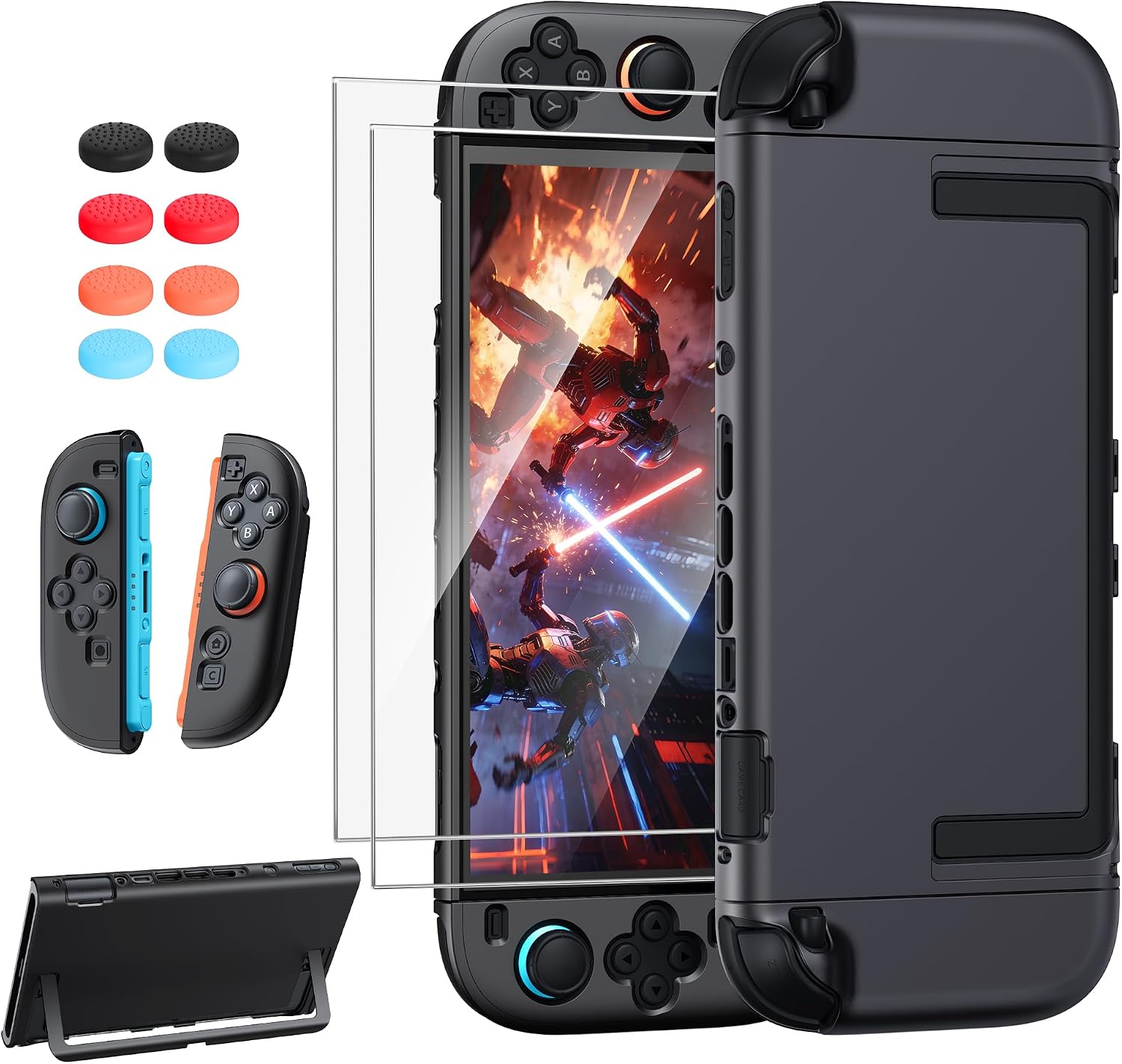 Detalle de FYOUNG Protective Case for Nintendo Switch 2 (2025) – slim hard shell with screen protectors & 8 thumb grips