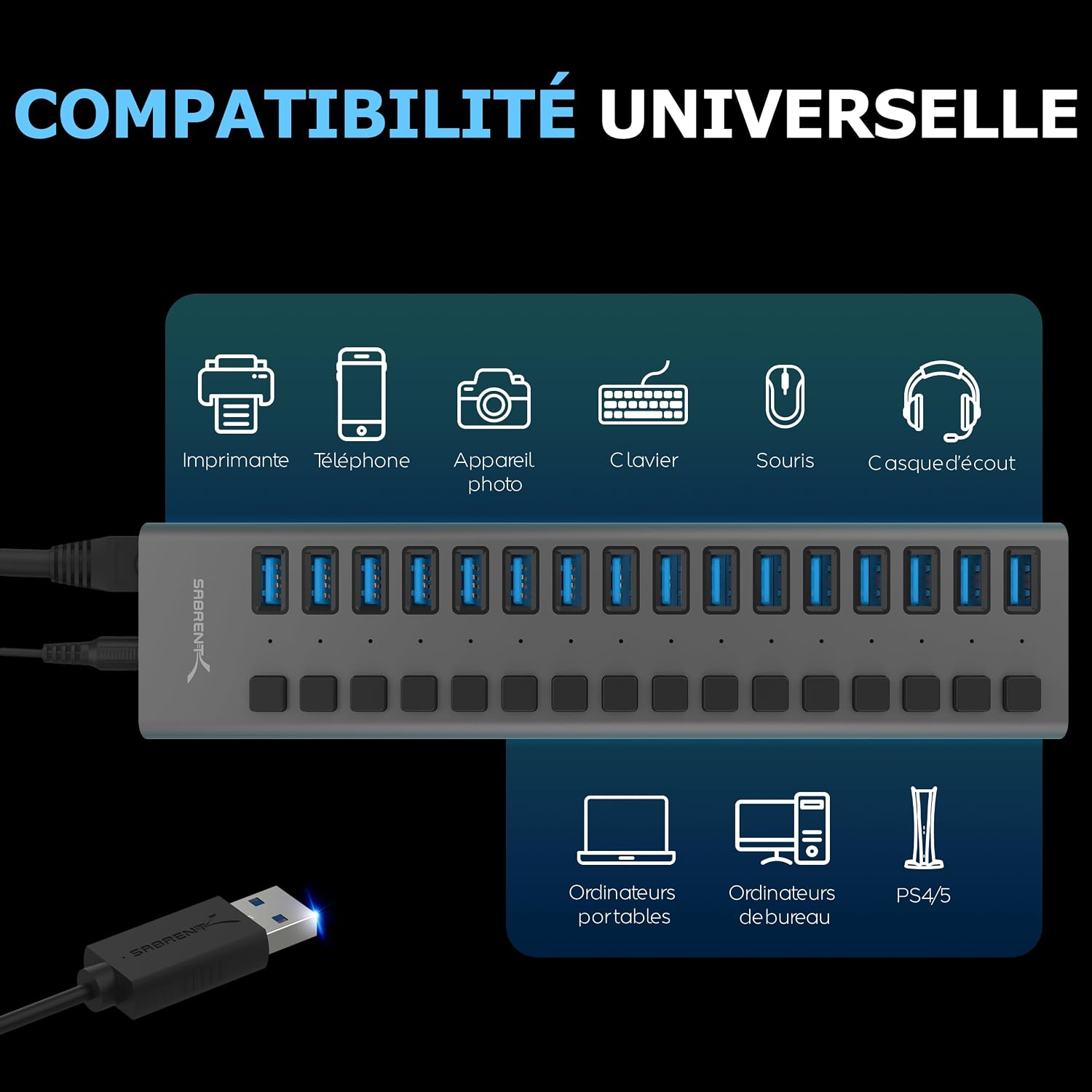 Detalle de SABRENT Hub USB alimenté 16 ports 5 Gbps (HB-PU16) avec adaptateur 12V/7,5A 90W
