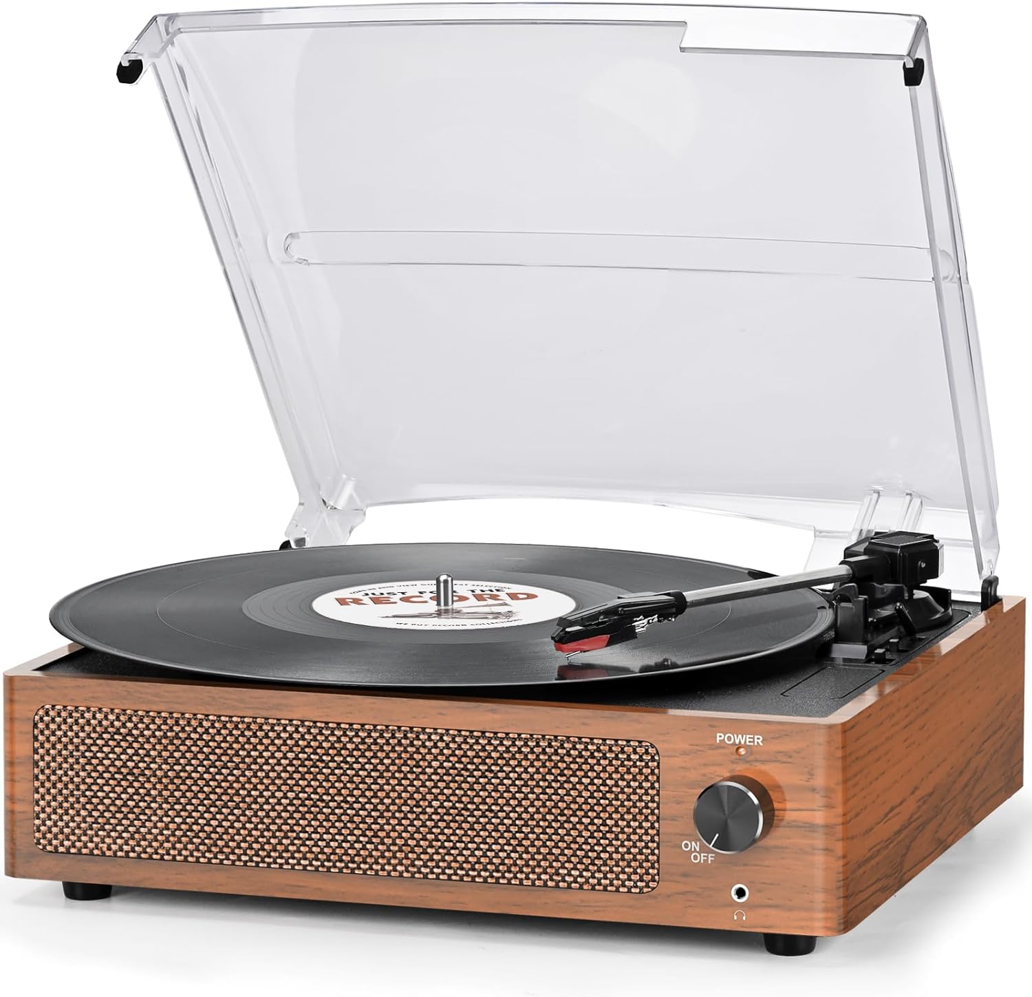 Detalle de Vinyl Record Player with Speakers: Vintage 3-Speed Belt-Driven Turntable with Bluetooth